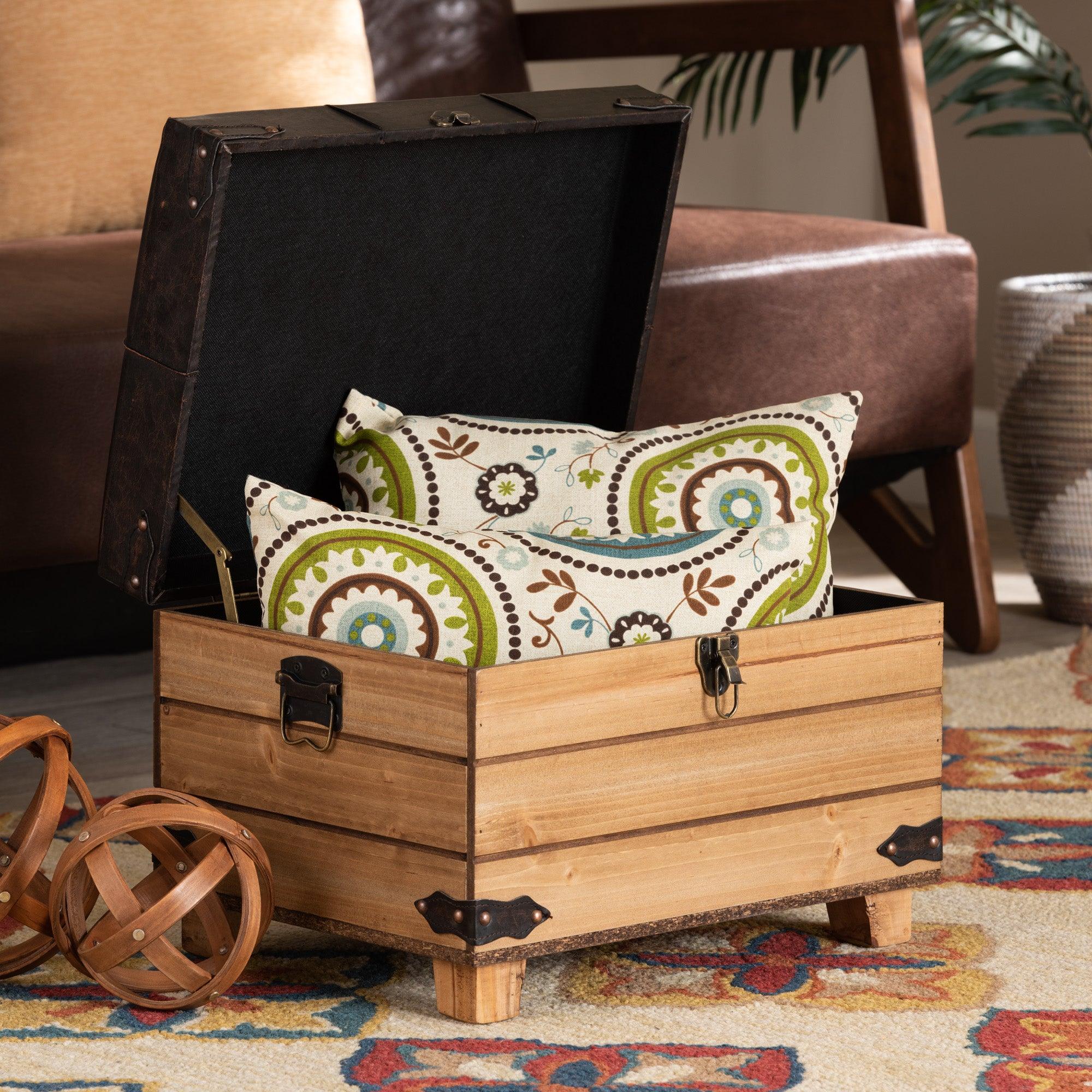 Edmund Rustic Transitional Faux Leather Upholstered and Finished Wood Storage Ottoman