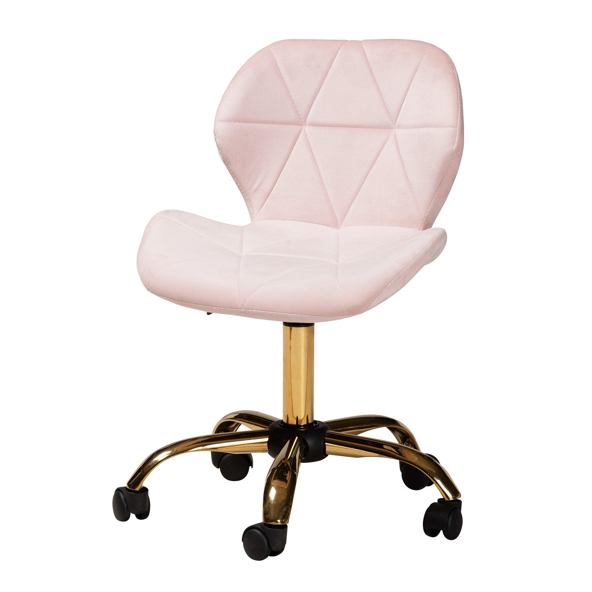 Savara Contemporary Glam and Luxe Blush Velvet Fabric and Metal Swivel Office Chair