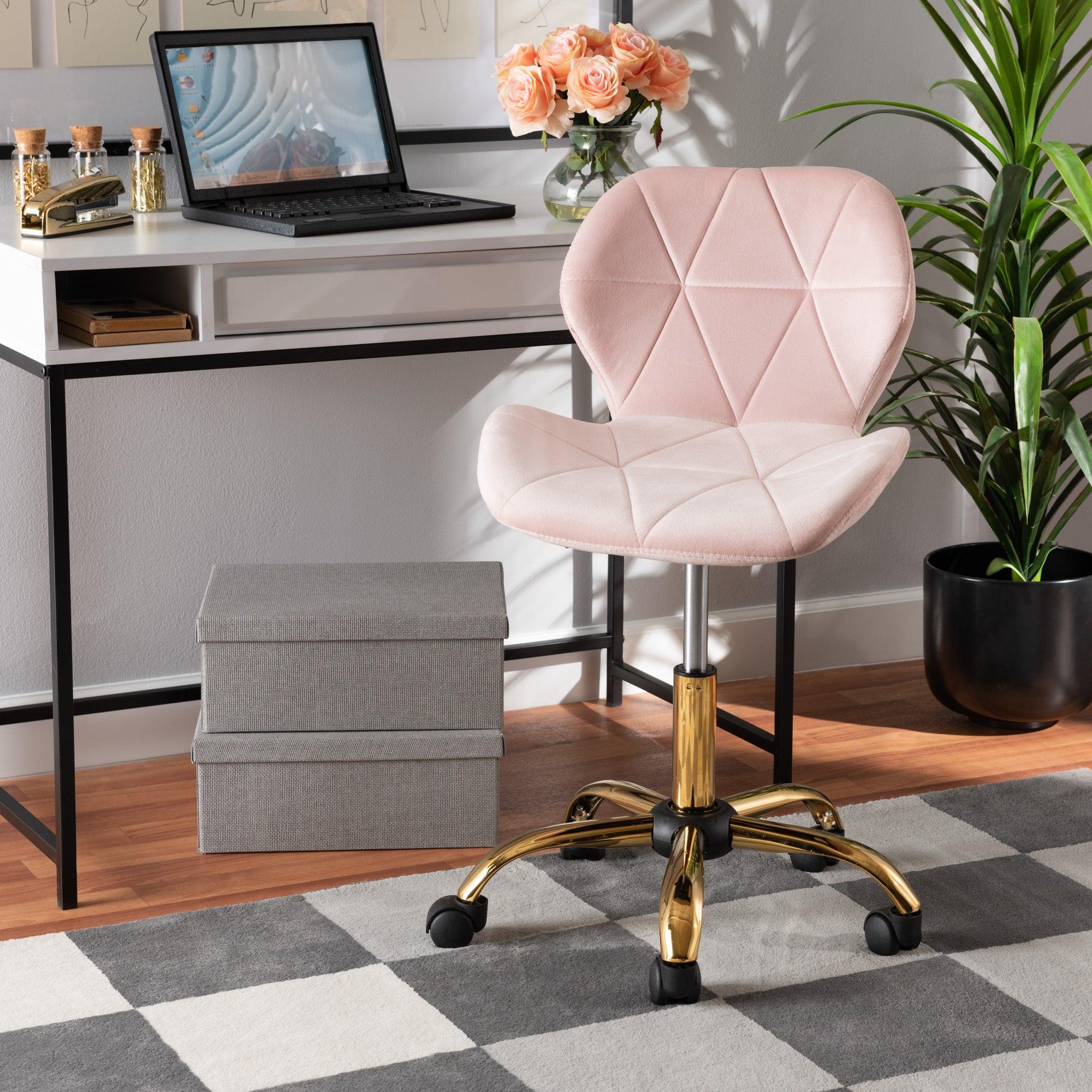 Savara Contemporary Glam and Luxe Blush Velvet Fabric and Metal Swivel Office Chair