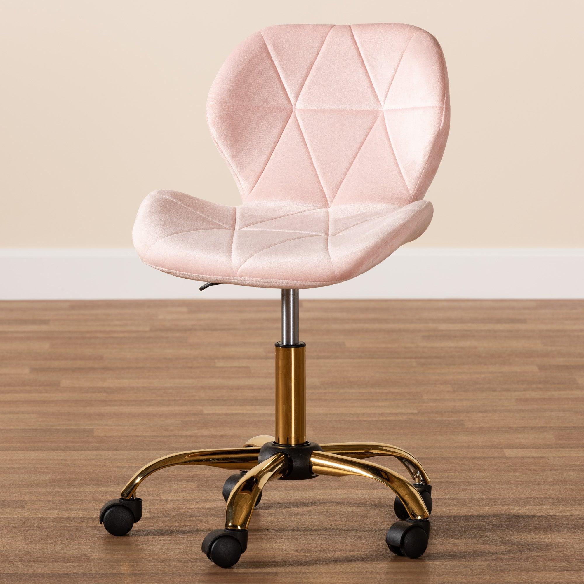 Savara Contemporary Glam and Luxe Blush Velvet Fabric and Metal Swivel Office Chair