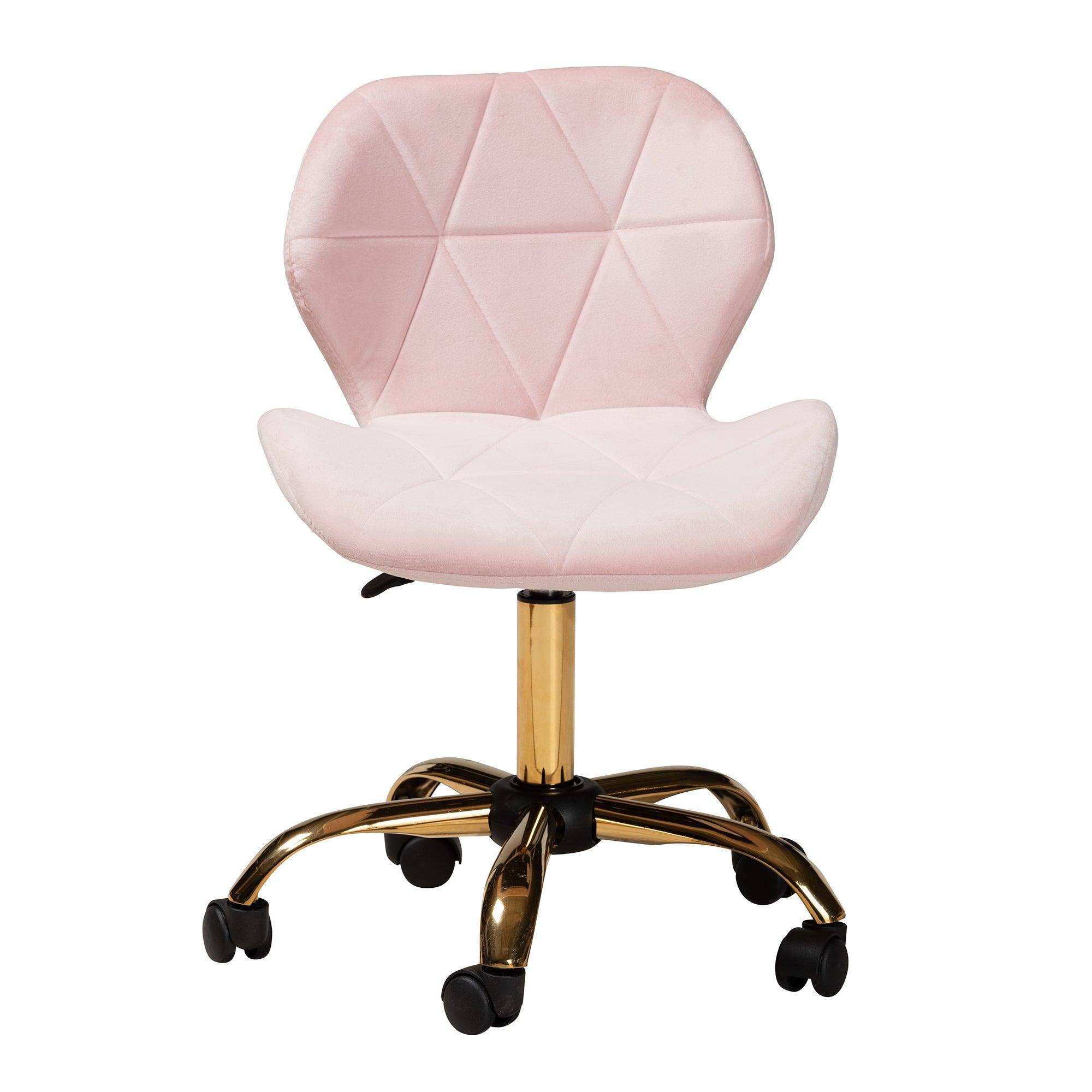 Savara Contemporary Glam and Luxe Blush Velvet Fabric and Metal Swivel Office Chair