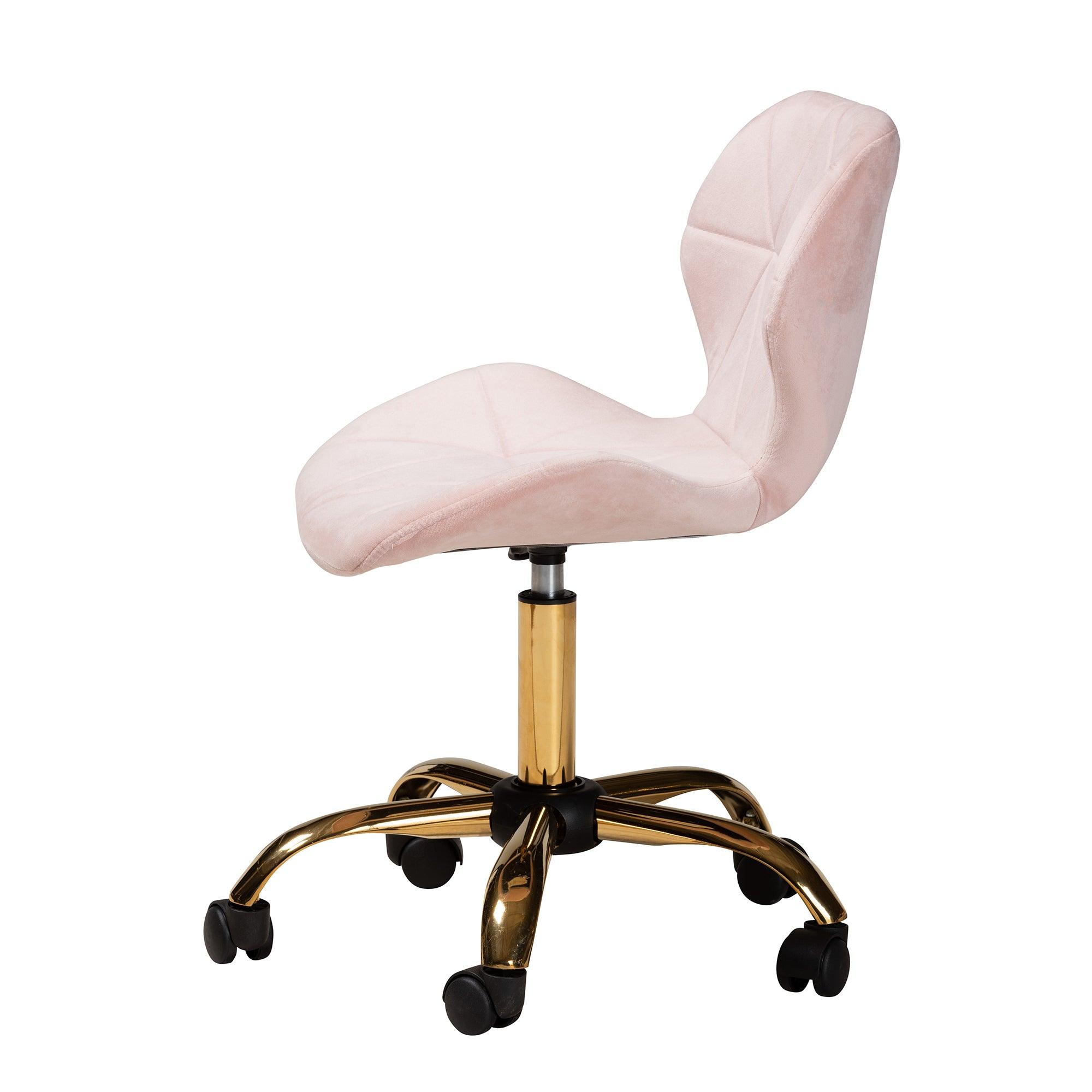 Savara Contemporary Glam and Luxe Blush Velvet Fabric and Metal Swivel Office Chair