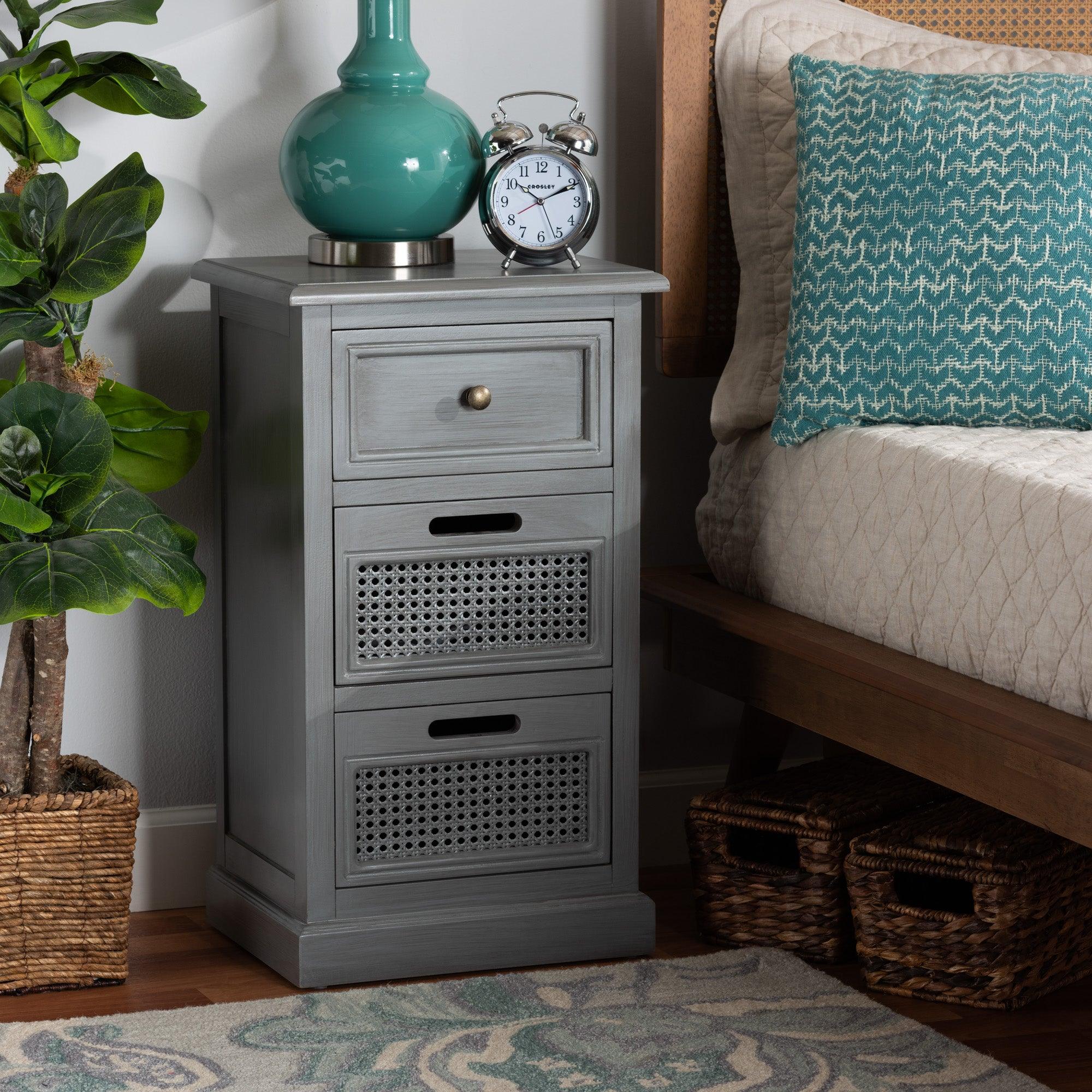 Sheldon Modern and Contemporary Vintage Finished Wood and Synthetic Rattan 3-Drawer End Table