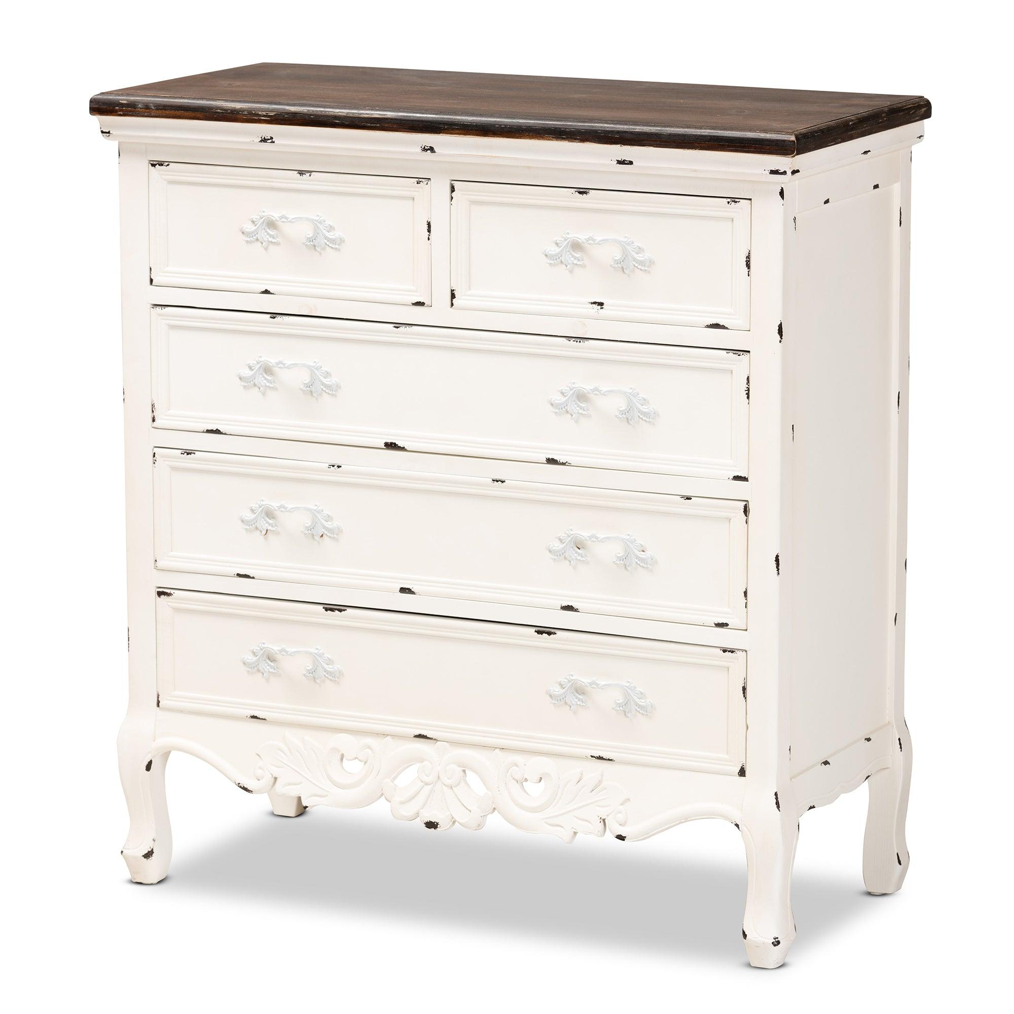 Levron Classic and Traditional Two-Tone and Antique Finished Wood 5-Drawer Storage Cabinet