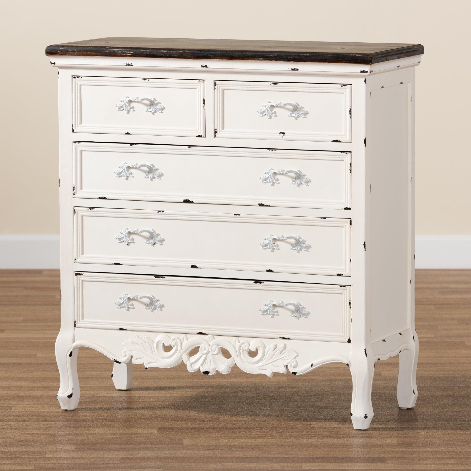 Levron Classic and Traditional Two-Tone and Antique Finished Wood 5-Drawer Storage Cabinet