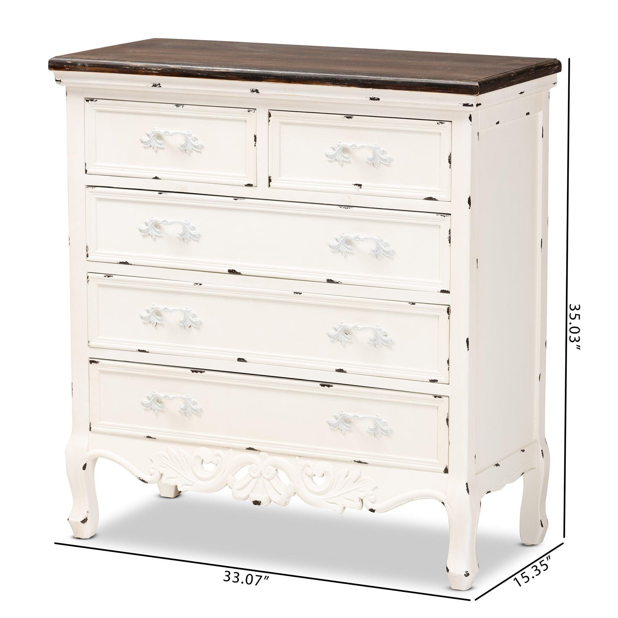 Levron Classic and Traditional Two-Tone and Antique Finished Wood 5-Drawer Storage Cabinet