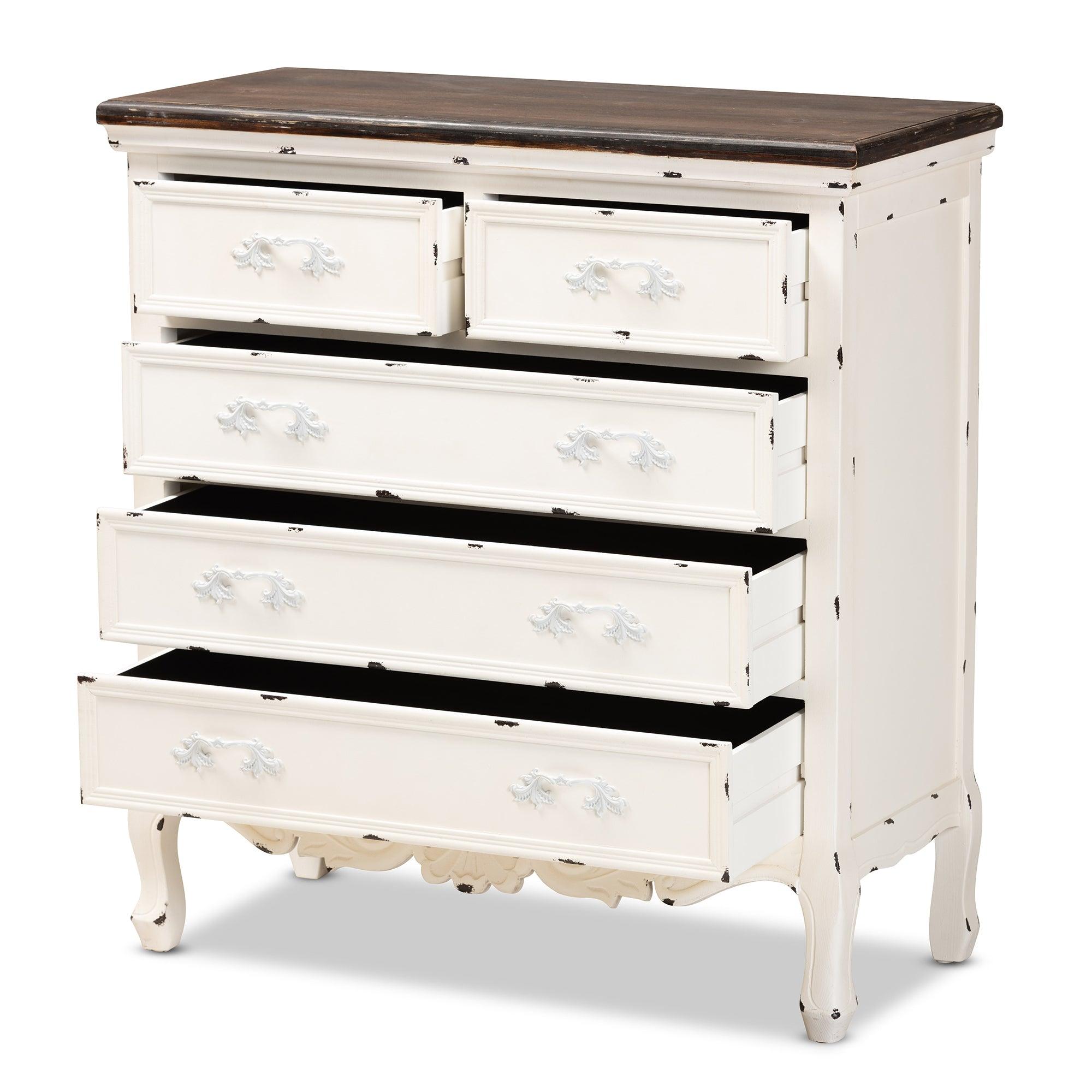 Levron Classic and Traditional Two-Tone and Antique Finished Wood 5-Drawer Storage Cabinet