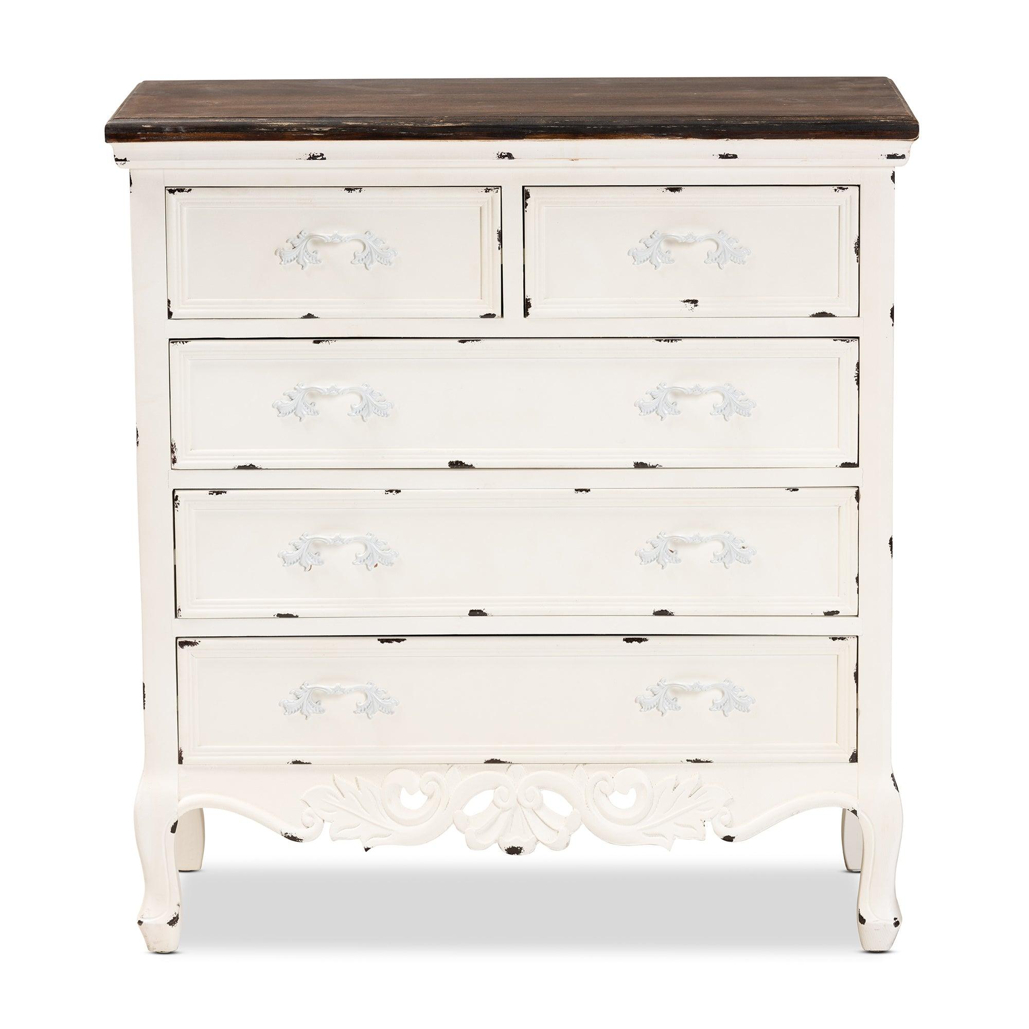 Levron Classic and Traditional Two-Tone and Antique Finished Wood 5-Drawer Storage Cabinet