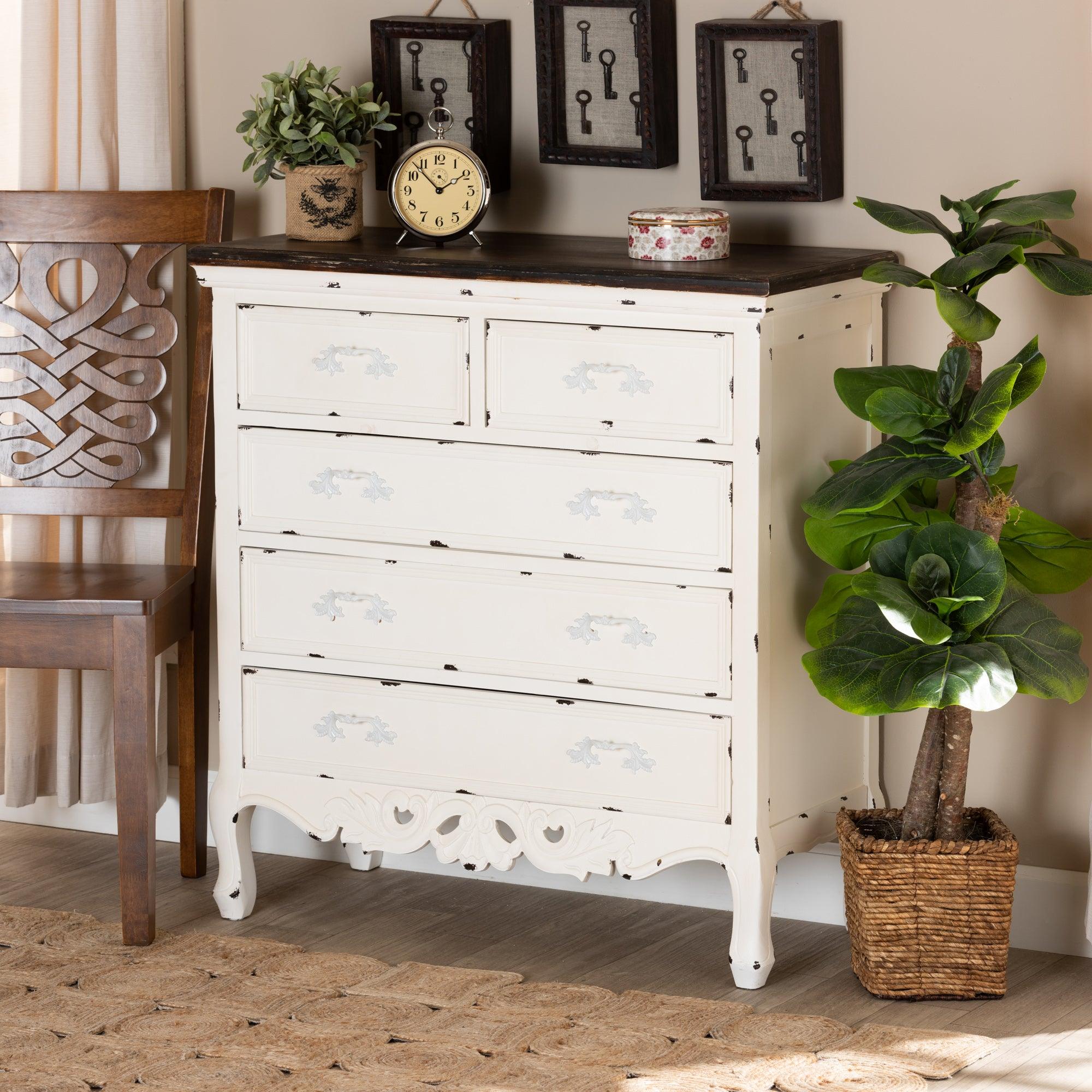 Levron Classic and Traditional Two-Tone and Antique Finished Wood 5-Drawer Storage Cabinet