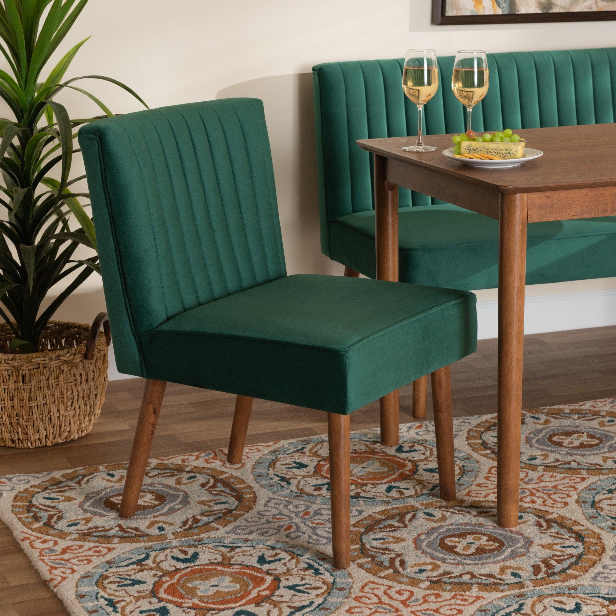 Alvis Mid-Century Modern Emerald Velvet Upholstered and Finished Wood Dining Chair