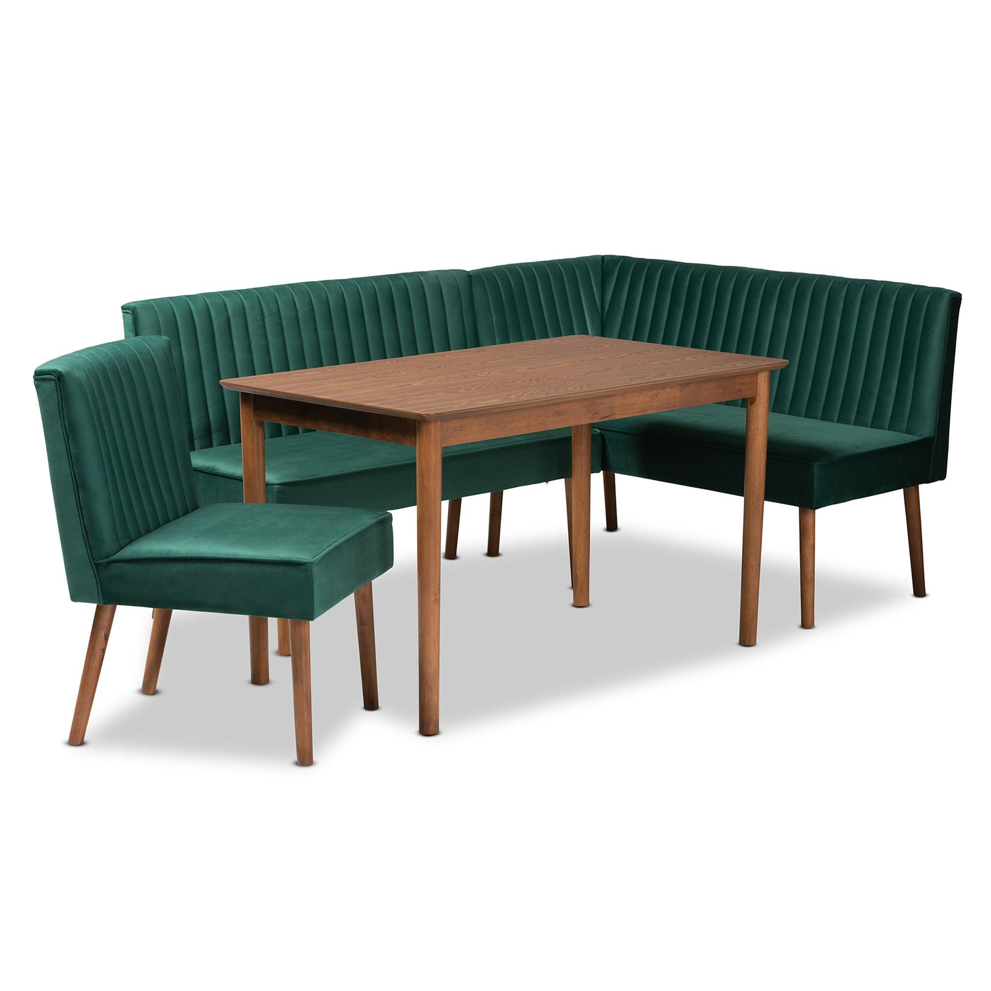 Alvis Mid-Century Modern Emerald Velvet Upholstered and Finished Wood 4-Piece Dining Nook Set