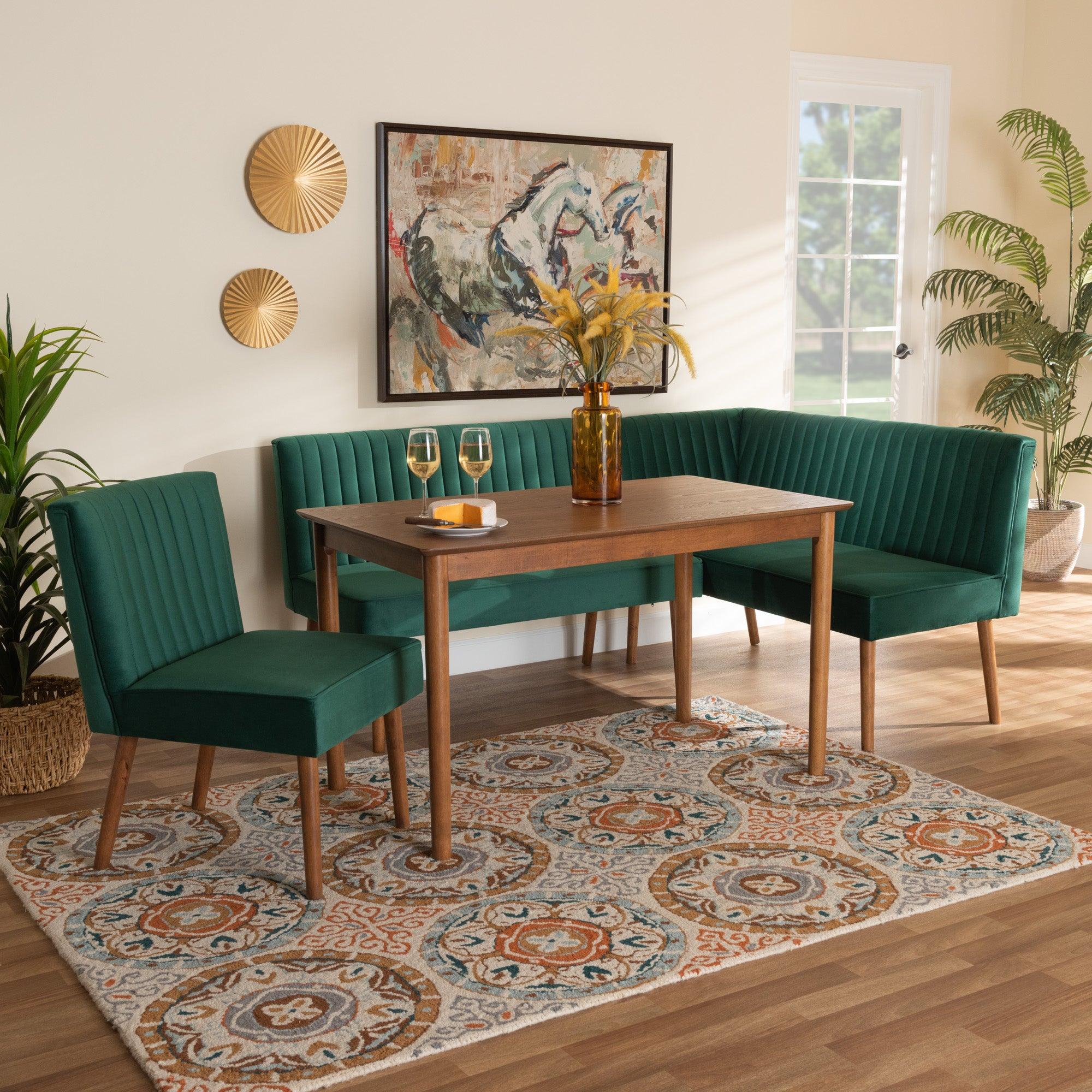 Alvis Mid-Century Modern Emerald Velvet Upholstered and Finished Wood 4-Piece Dining Nook Set