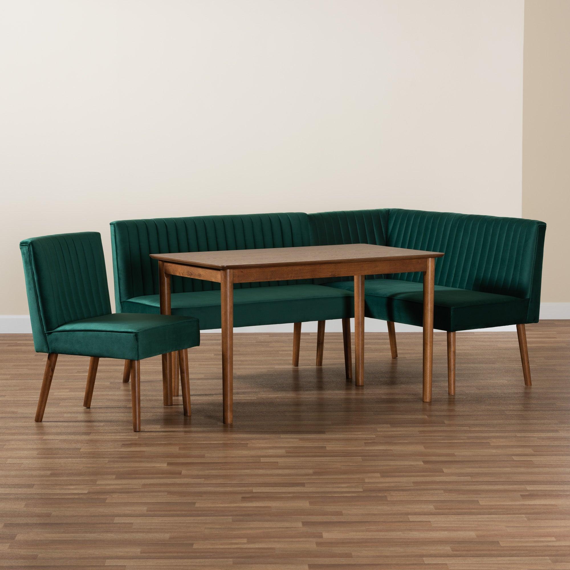 Alvis Mid-Century Modern Emerald Velvet Upholstered and Finished Wood 4-Piece Dining Nook Set