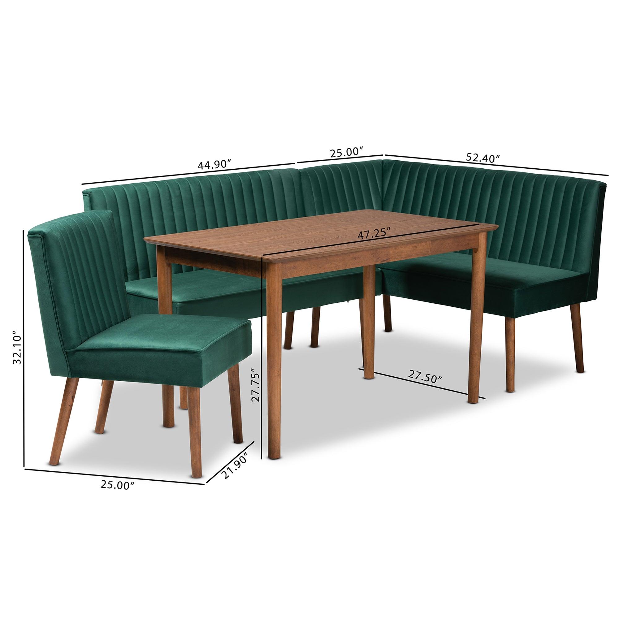 Alvis Mid-Century Modern Emerald Velvet Upholstered and Finished Wood 4-Piece Dining Nook Set