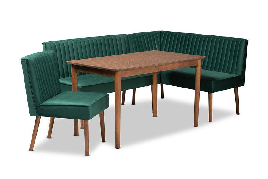 Alvis Mid-Century Modern Emerald Velvet Upholstered and Finished Wood 4-Piece Dining Nook Set