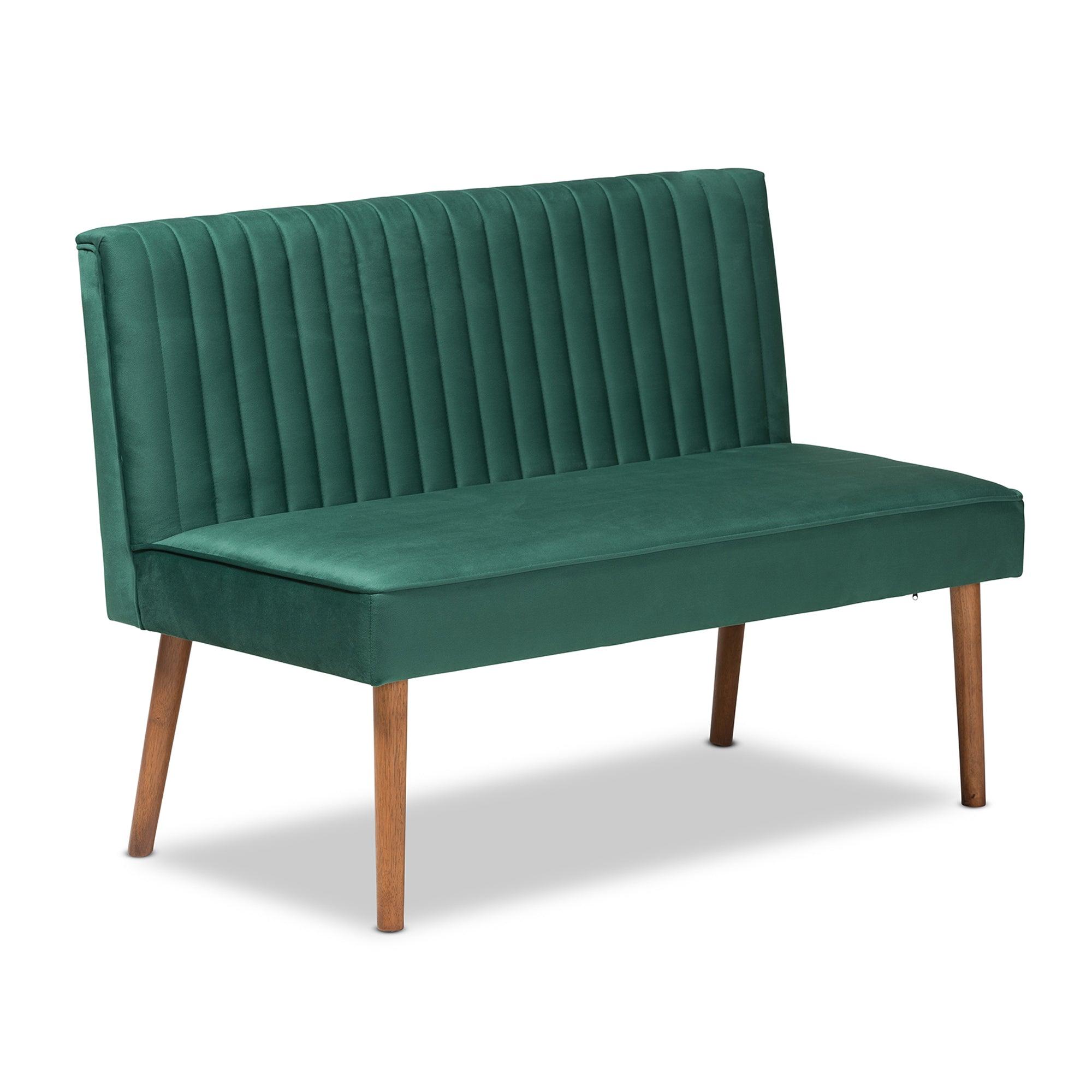 Alvis Mid-Century Modern Emerald Velvet Upholstered and Finished Wood 4-Piece Dining Nook Set