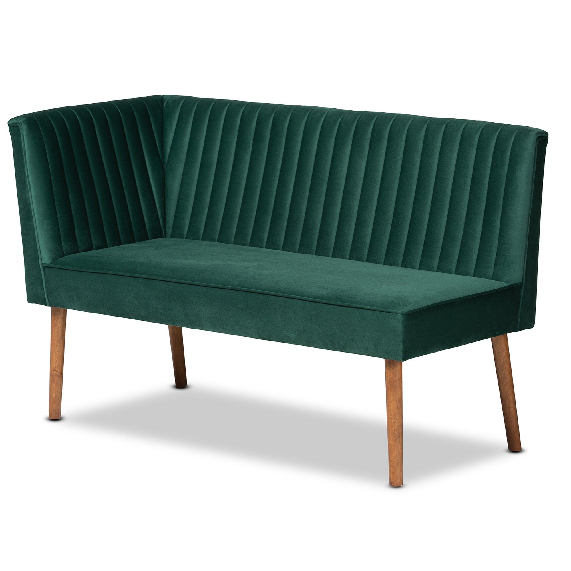 Alvis Mid-Century Modern Emerald Velvet Upholstered and Finished Wood 4-Piece Dining Nook Set