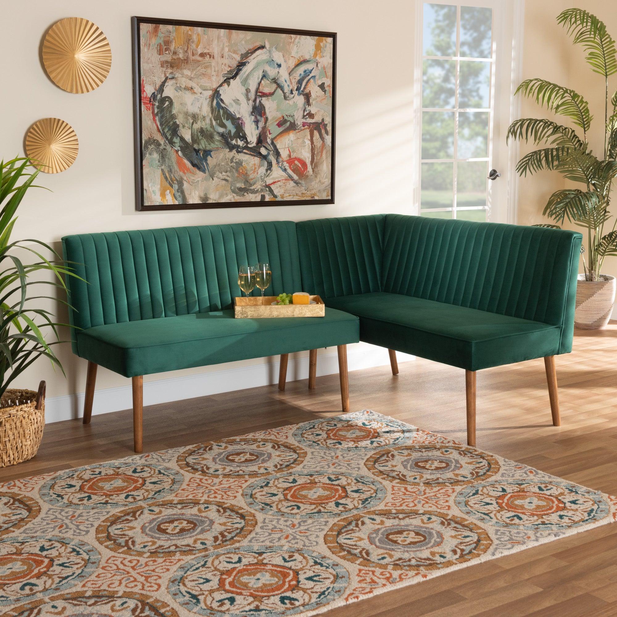 Alvis Mid-Century Modern Emerald Velvet Upholstered and Finished Wood 2-Piece Dining Nook Banquette Set