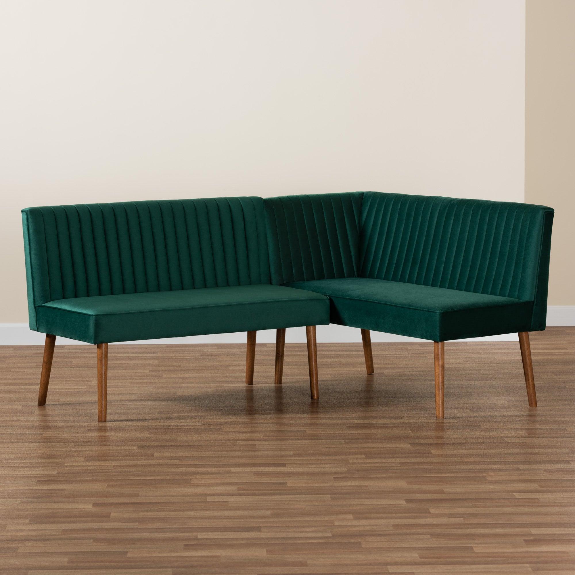 Alvis Mid-Century Modern Emerald Velvet Upholstered and Finished Wood 2-Piece Dining Nook Banquette Set