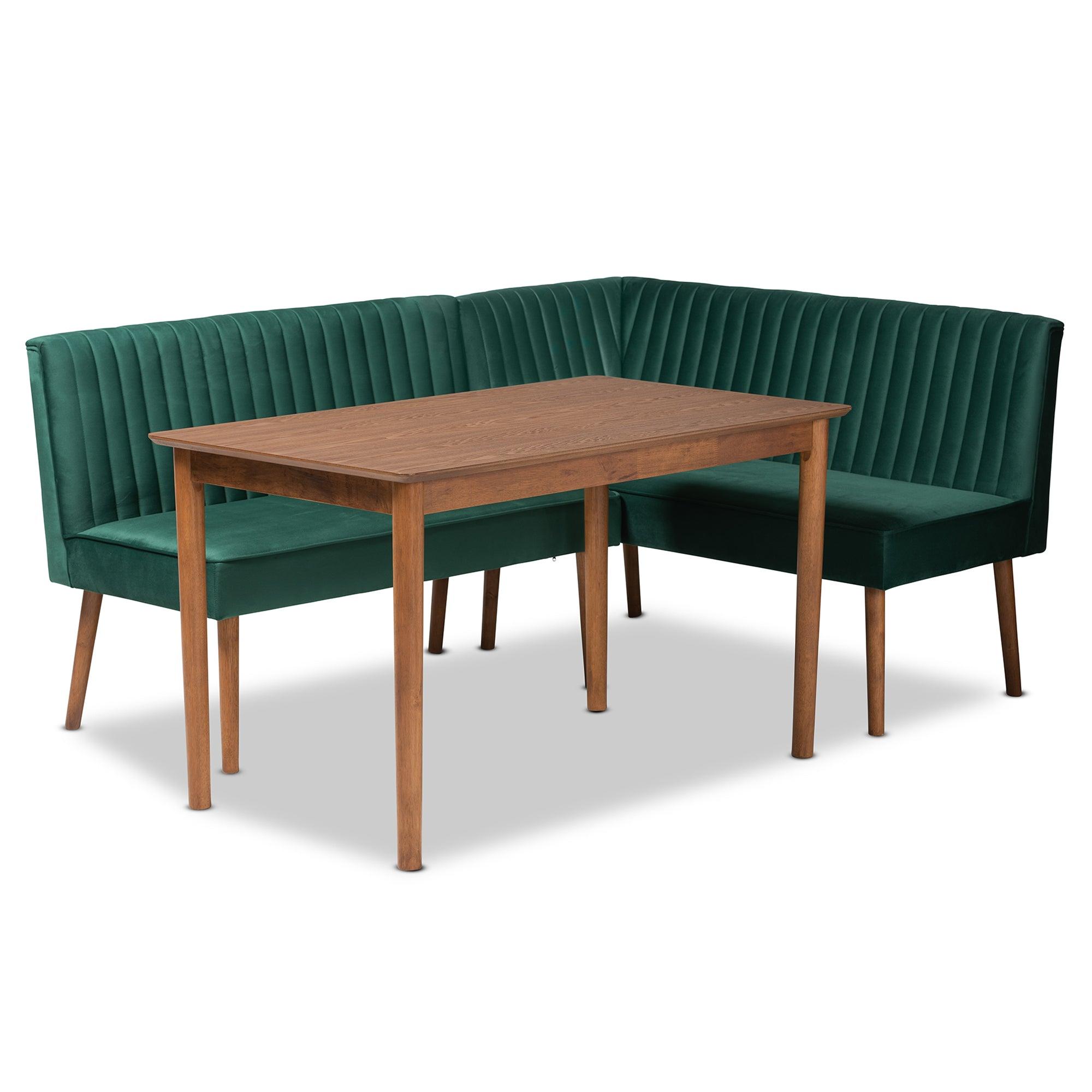 Alvis Mid-Century Modern Emerald Velvet Upholstered and Finished Wood 3-Piece Dining Nook Set