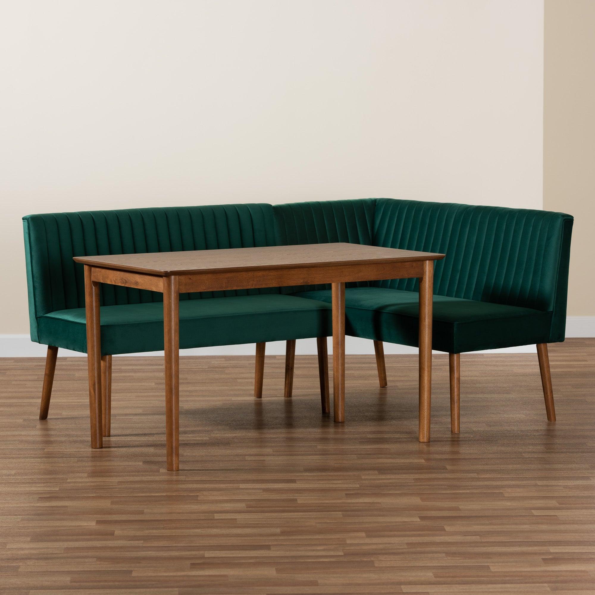 Alvis Mid-Century Modern Emerald Velvet Upholstered and Finished Wood 3-Piece Dining Nook Set