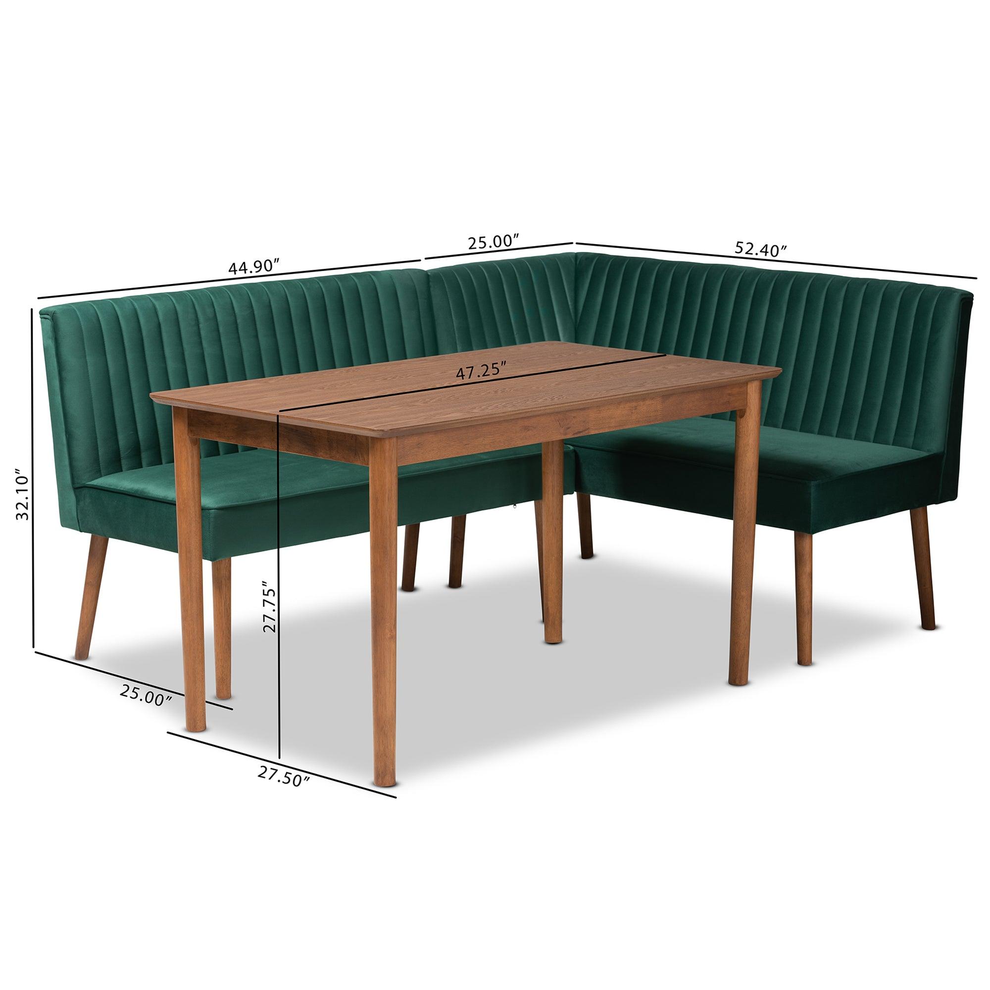 Alvis Mid-Century Modern Emerald Velvet Upholstered and Finished Wood 3-Piece Dining Nook Set