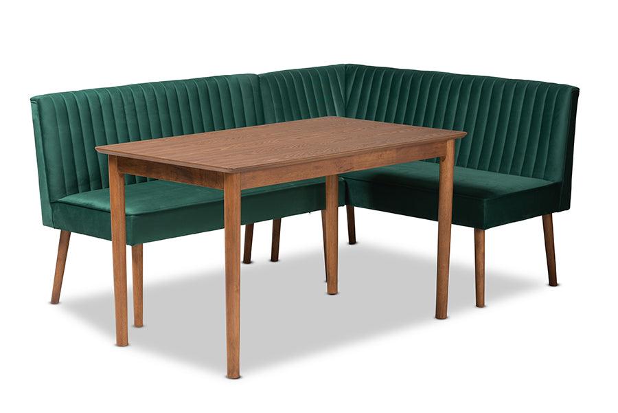 Alvis Mid-Century Modern Emerald Velvet Upholstered and Finished Wood 3-Piece Dining Nook Set