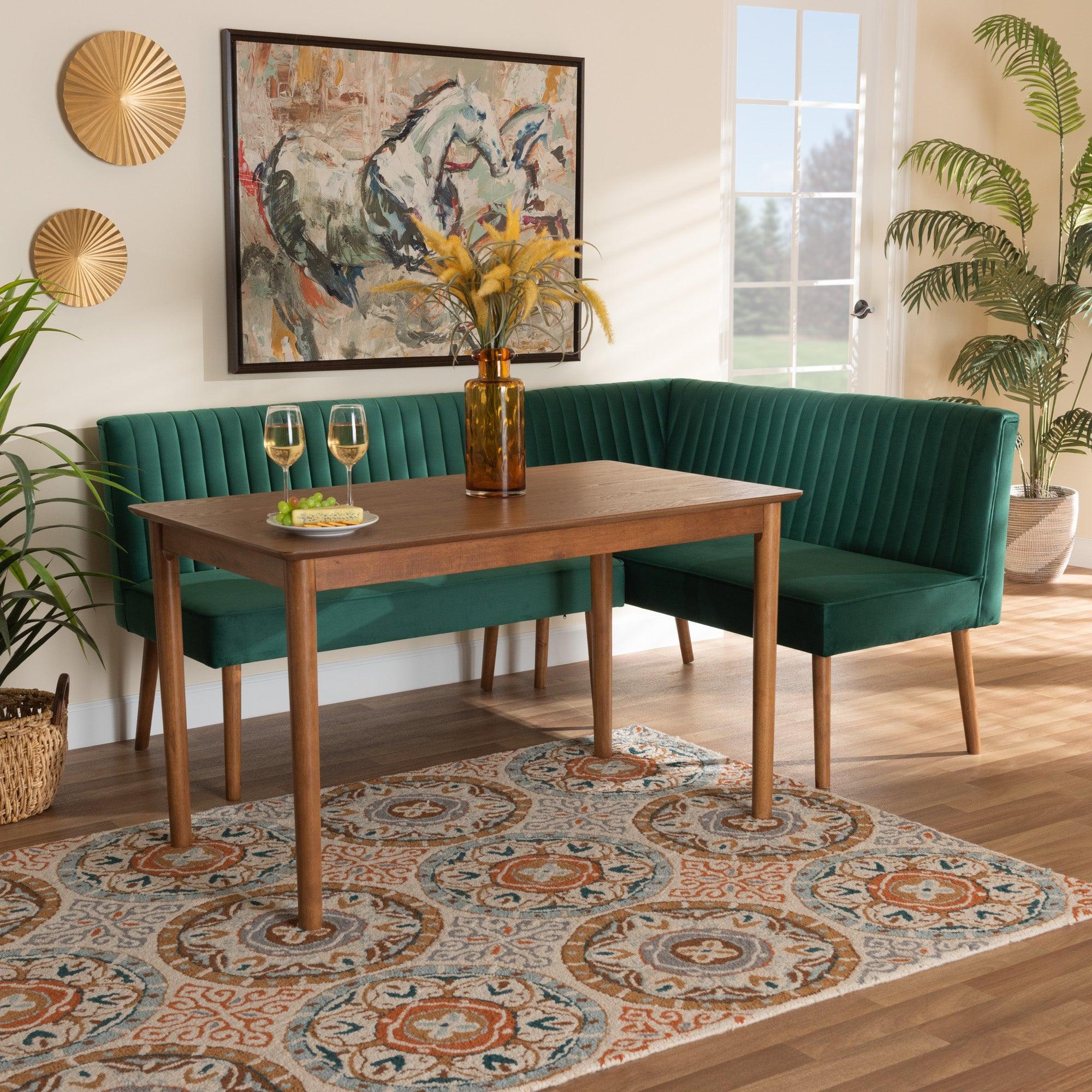 Alvis Mid-Century Modern Emerald Velvet Upholstered and Finished Wood 3-Piece Dining Nook Set