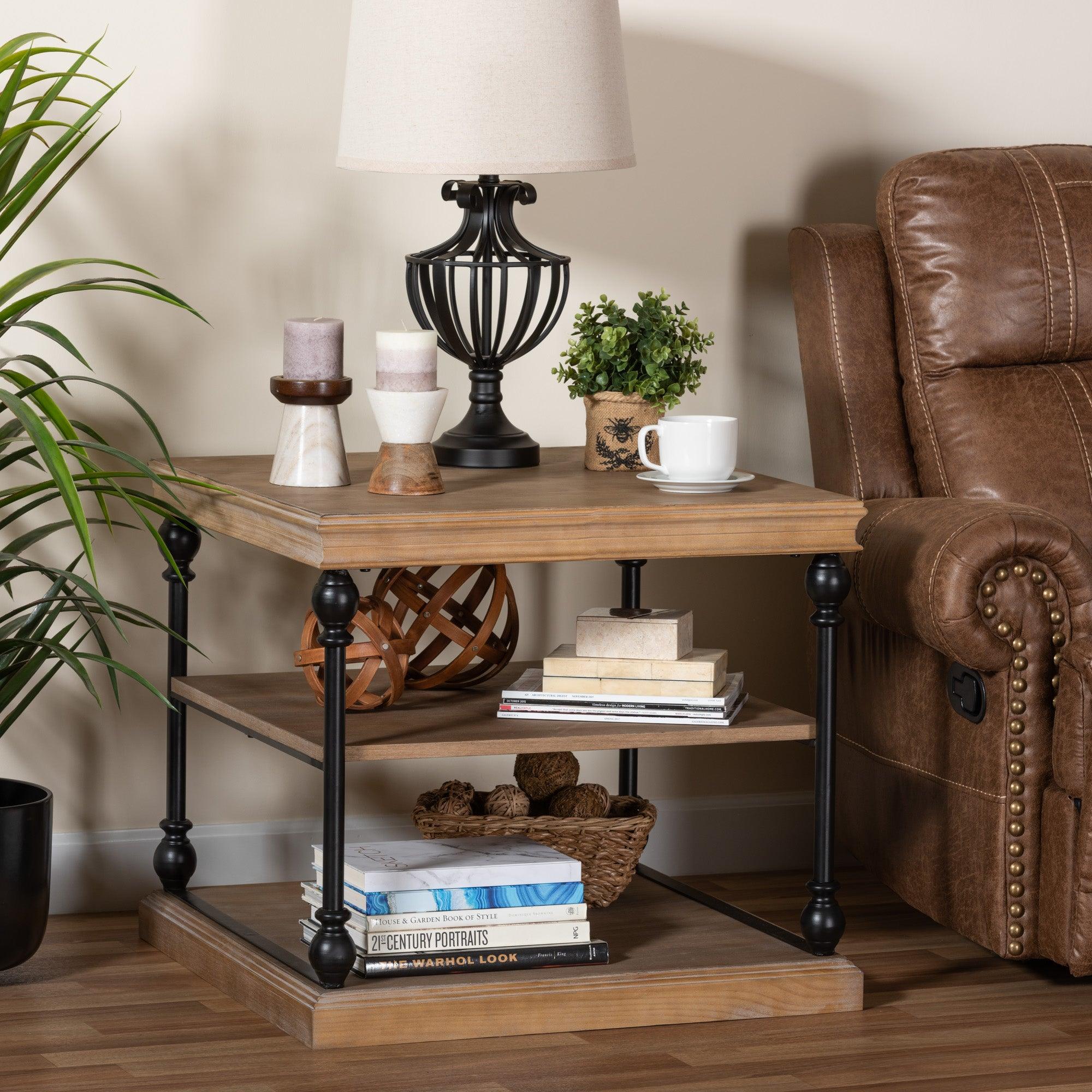 Sebastian Traditional Industrial washed Wood and Metal 3-Tier End Table