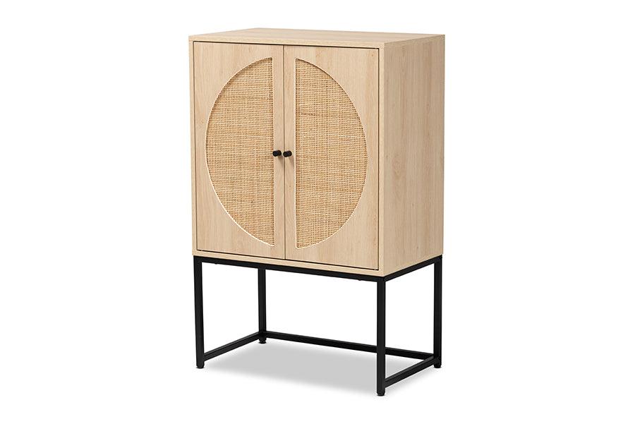 Ardon Bohemian Light Finished Wood and Metal 2-Door Storage Cabinet with Rattan