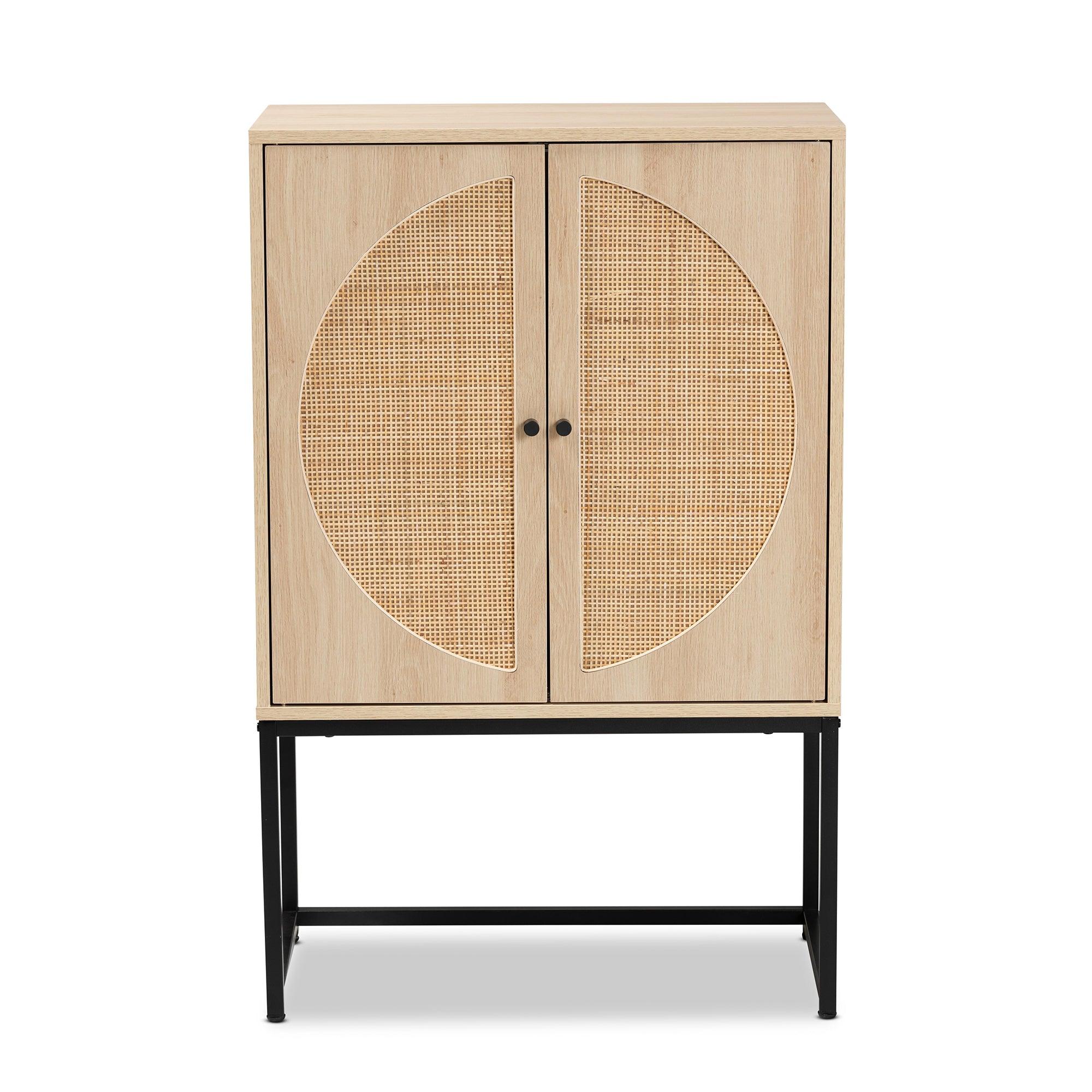 Ardon Bohemian Light Finished Wood and Metal 2-Door Storage Cabinet with Rattan