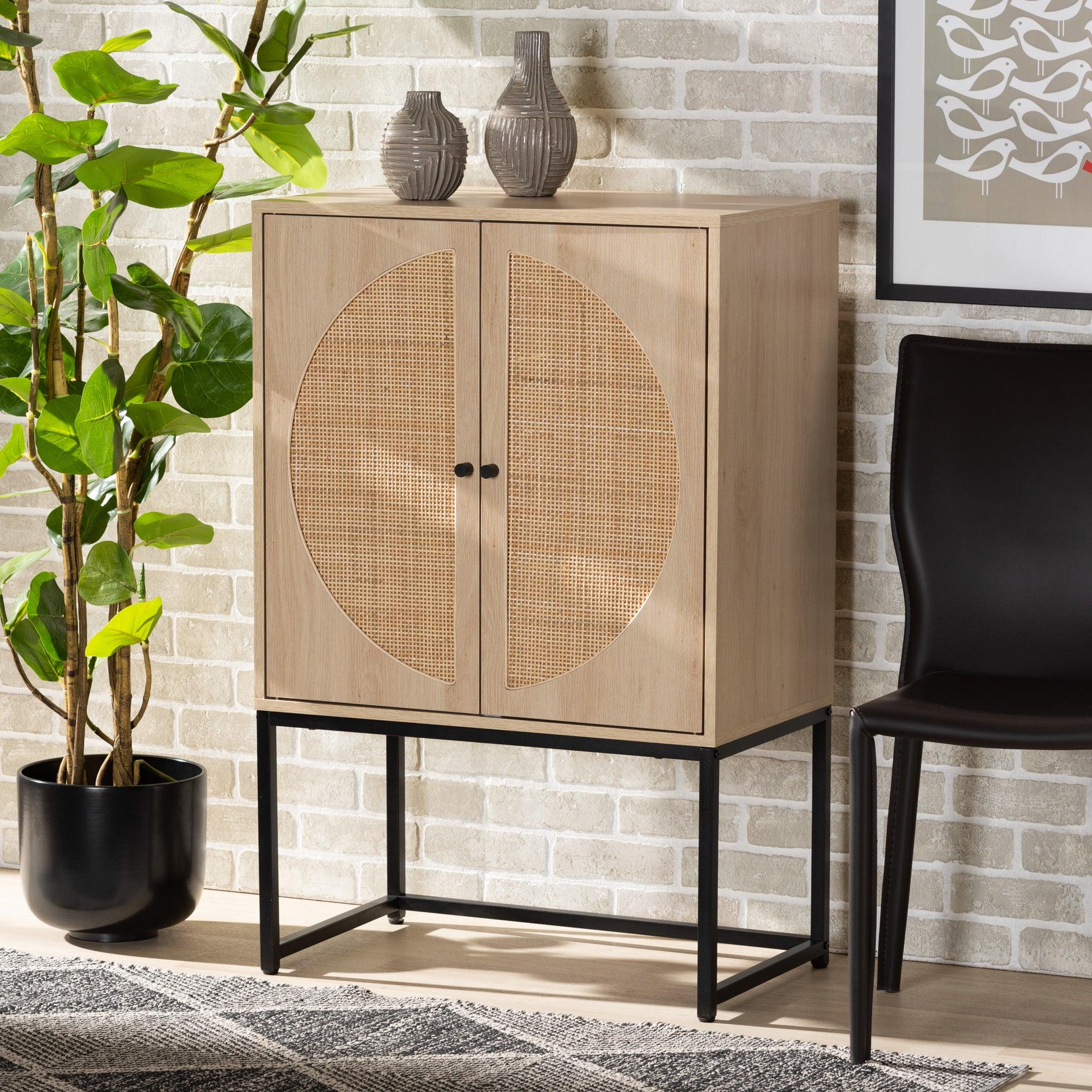 Ardon Bohemian Light Finished Wood and Metal 2-Door Storage Cabinet with Rattan