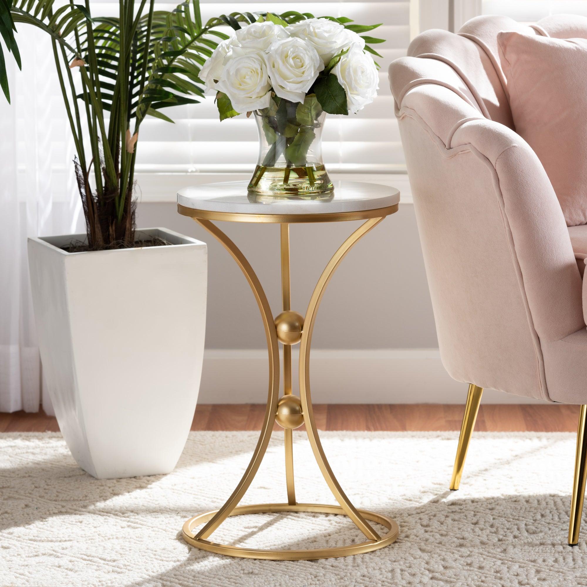 Tarmon Modern and Contemporary Finished Metal End Table with Marble Tabletop