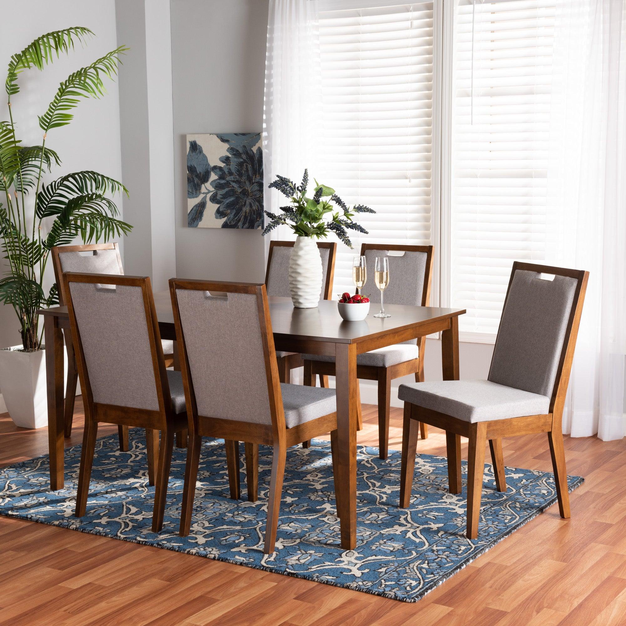 Rosa Modern and Contemporary Fabric Upholstered and Finished Wood 7-Piece Dining Set