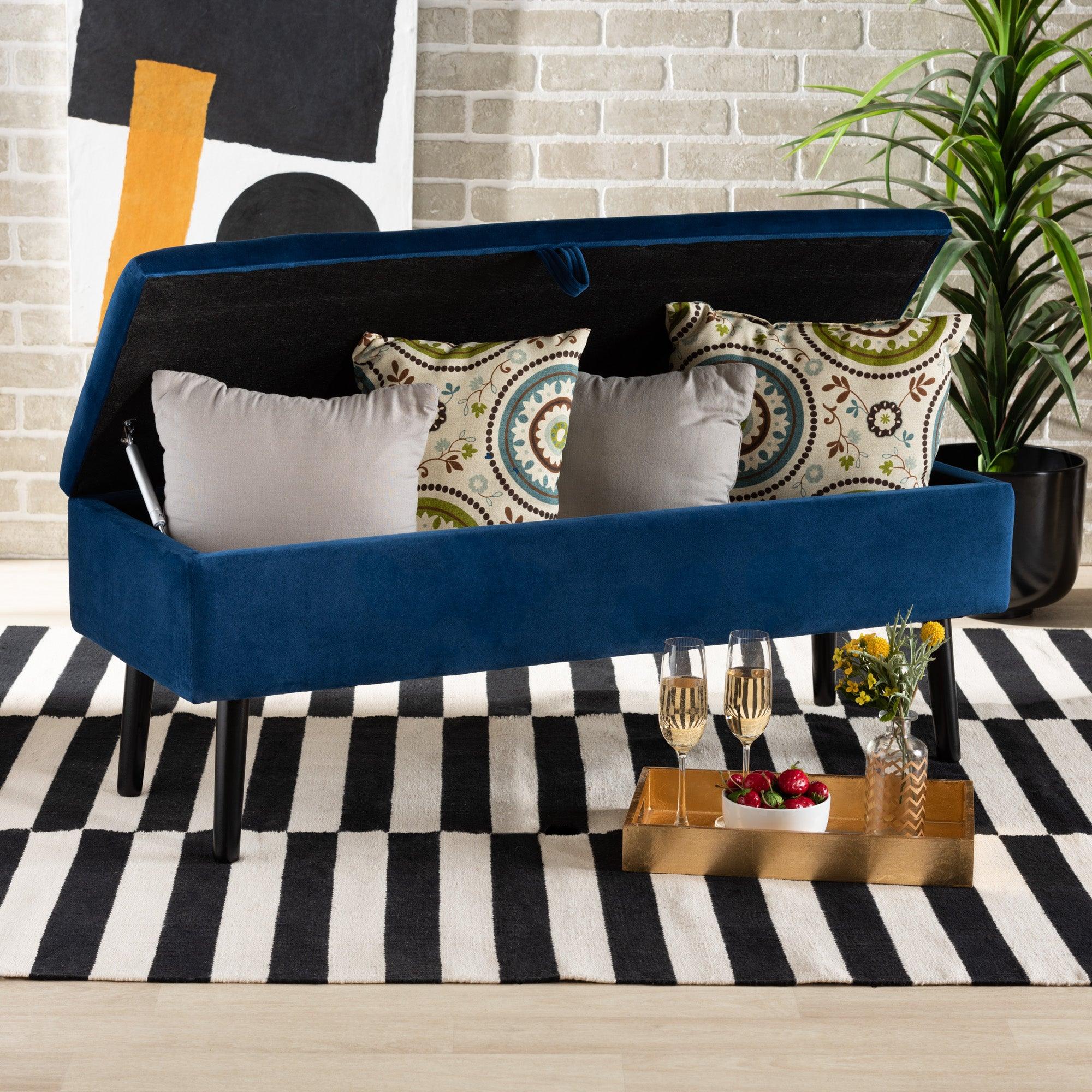 Caine Modern and Contemporary Velvet Fabric Upholstered and Finished Wood Storage Bench