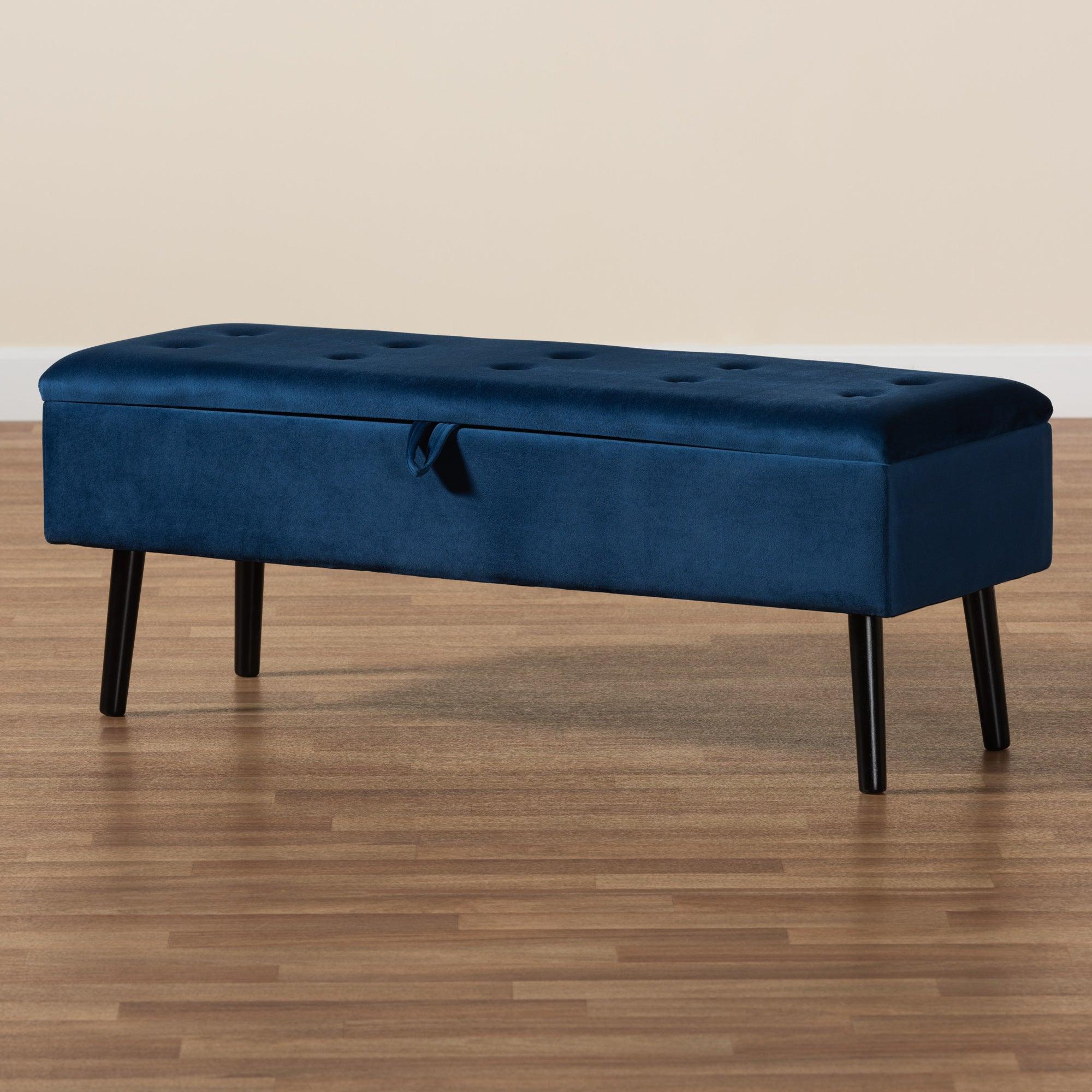 Caine Modern and Contemporary Velvet Fabric Upholstered and Finished Wood Storage Bench