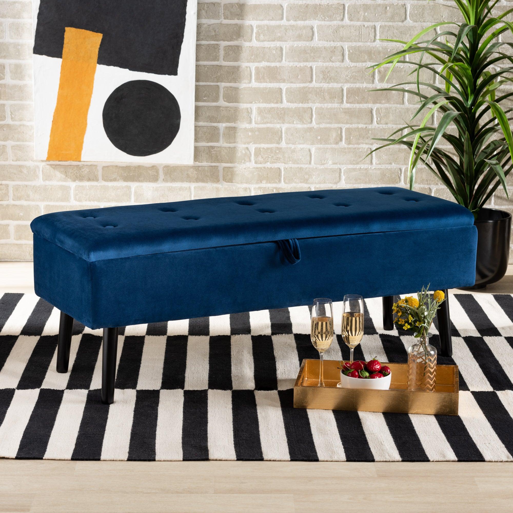 Caine Modern and Contemporary Velvet Fabric Upholstered and Finished Wood Storage Bench