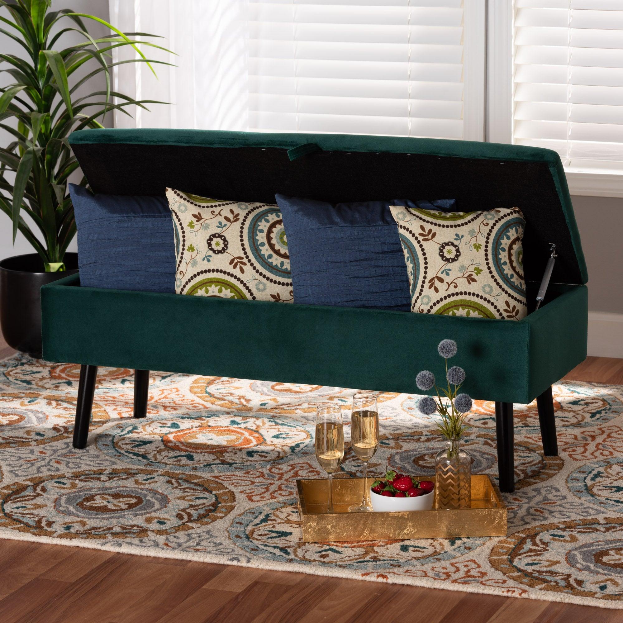 Caine Modern and Contemporary Velvet Fabric Upholstered and Finished Wood Storage Bench