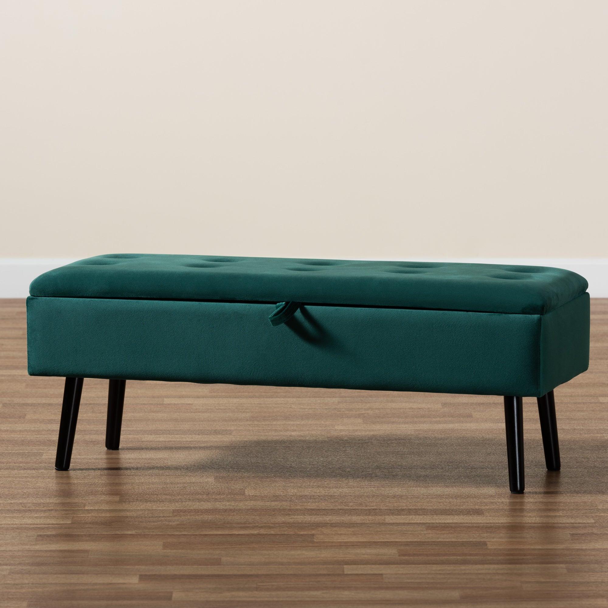 Caine Modern and Contemporary Velvet Fabric Upholstered and Finished Wood Storage Bench