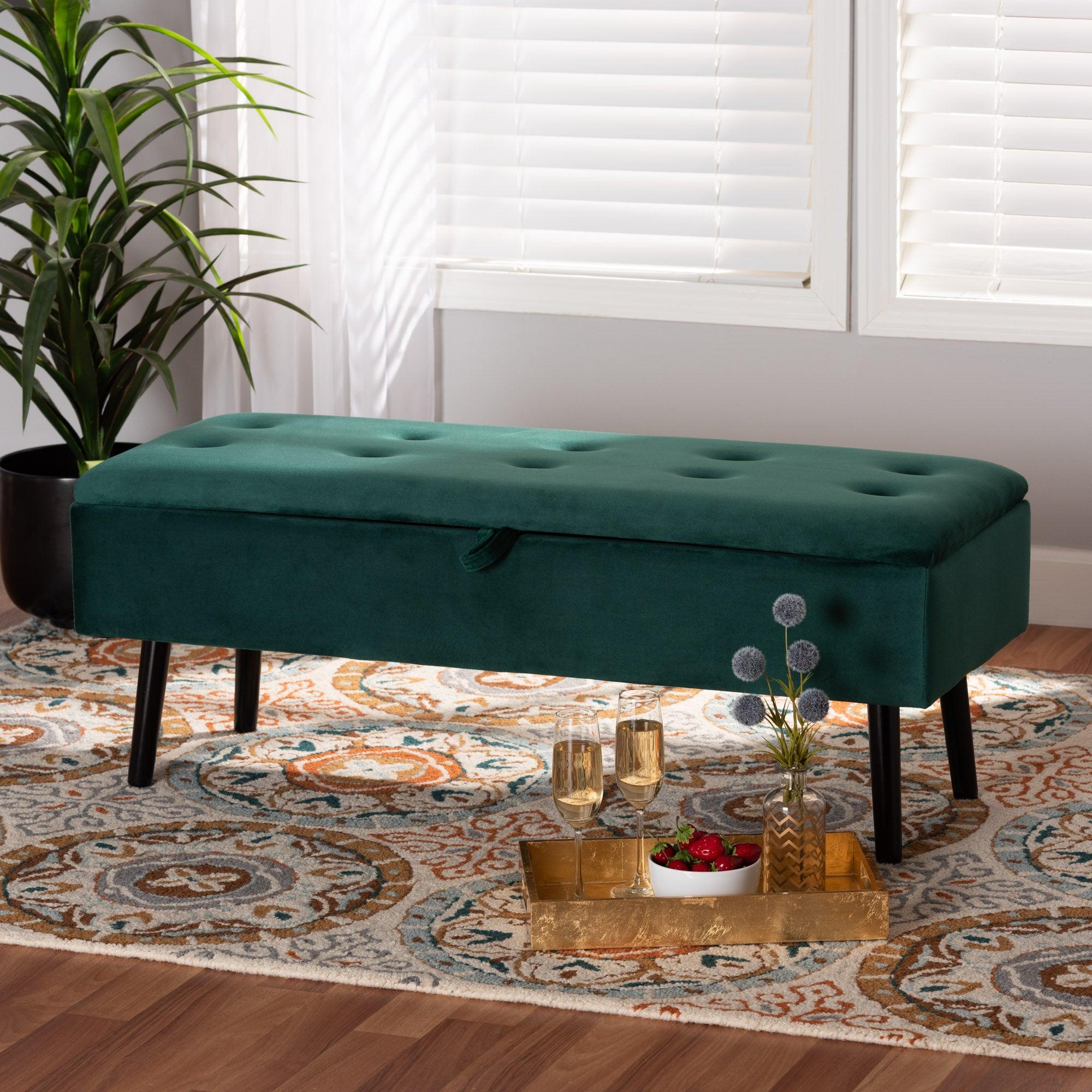 Caine Modern and Contemporary Velvet Fabric Upholstered and Finished Wood Storage Bench