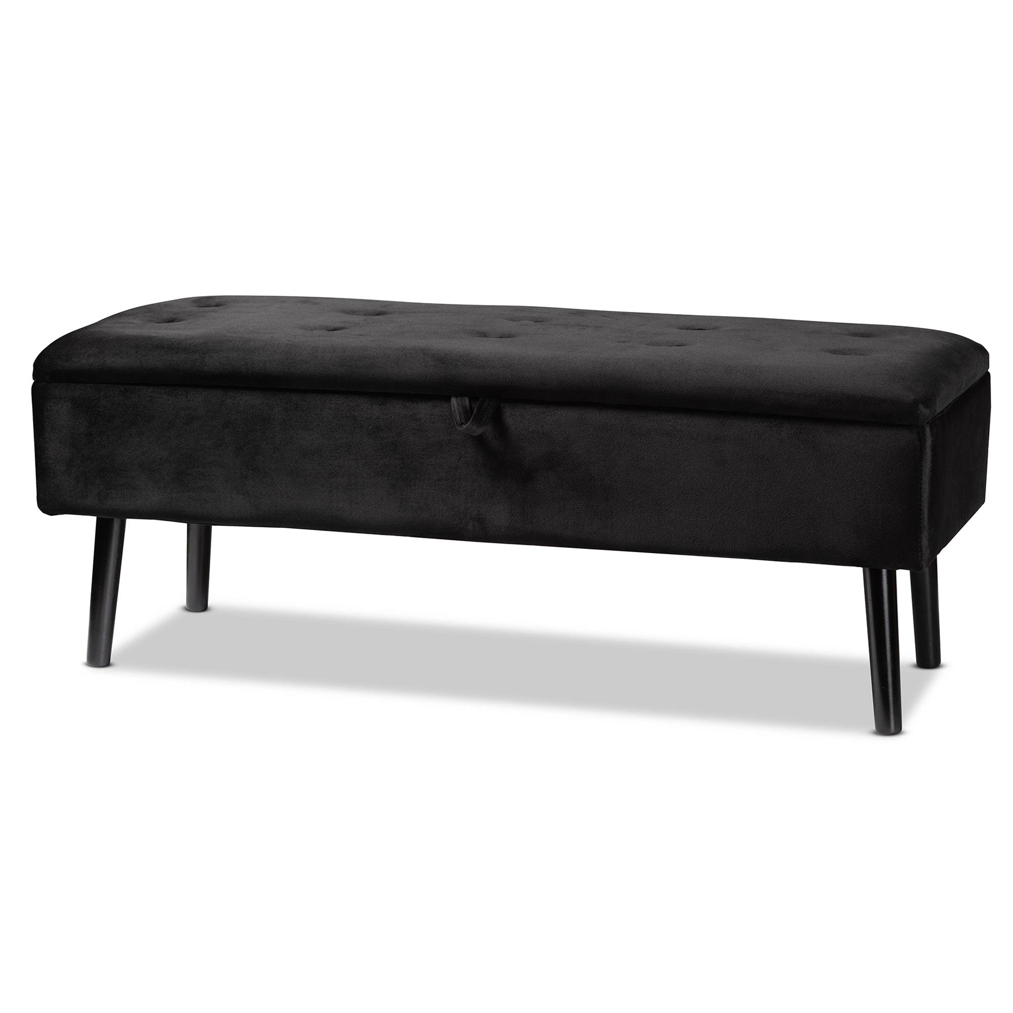 Caine Modern and Contemporary Velvet Fabric Upholstered and Finished Wood Storage Bench