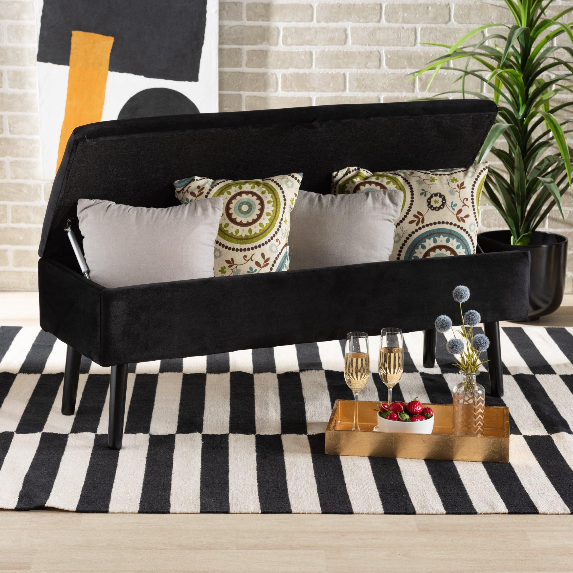 Caine Modern and Contemporary Velvet Fabric Upholstered and Finished Wood Storage Bench