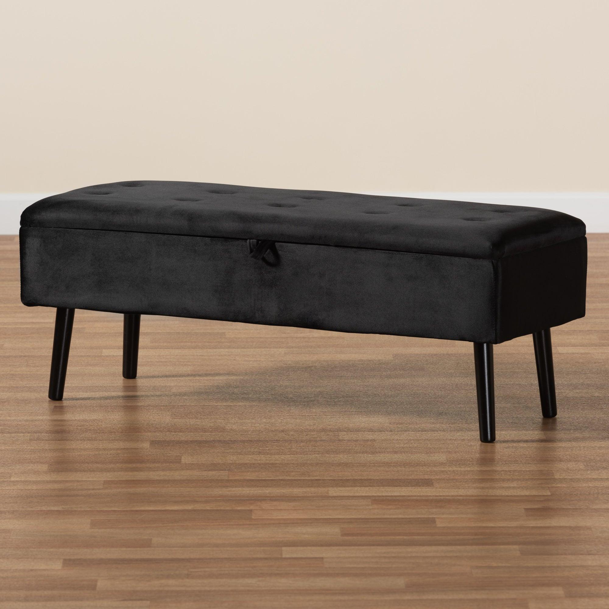 Caine Modern and Contemporary Velvet Fabric Upholstered and Finished Wood Storage Bench