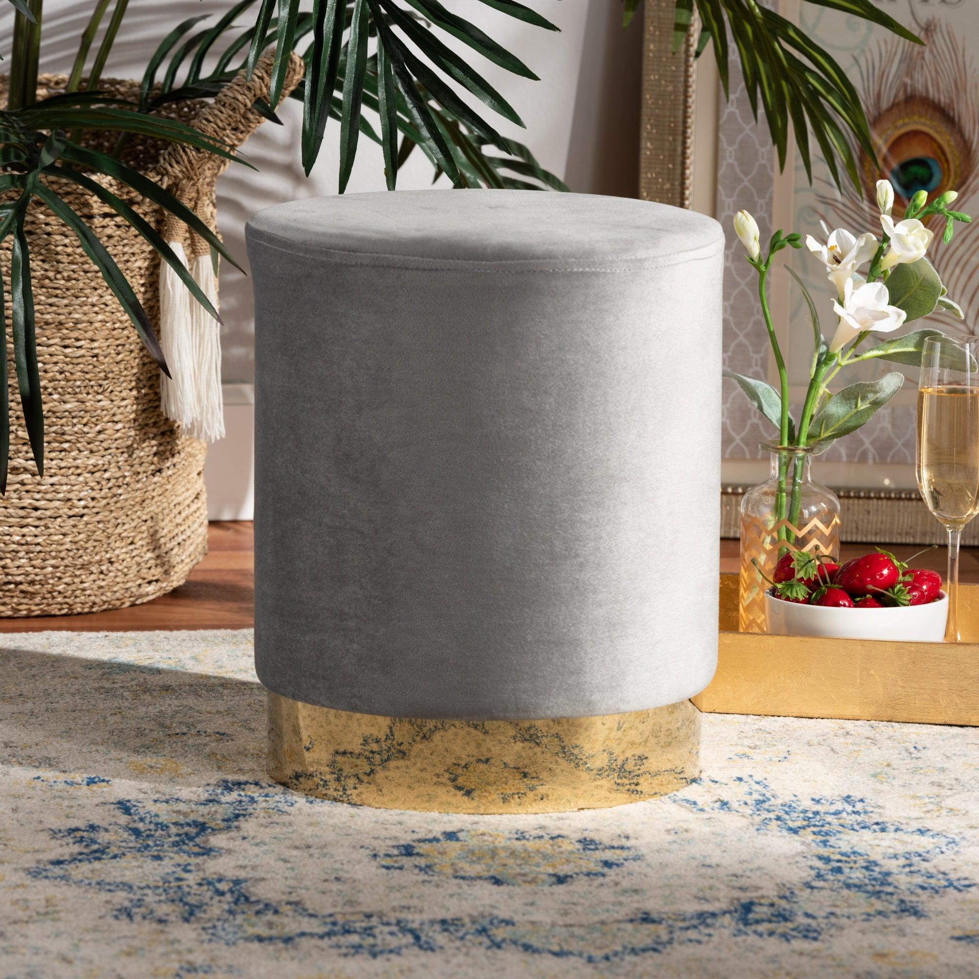 Chaela Contemporary Glam and Luxe Velvet Fabric Upholstered and Finished Metal Ottoman