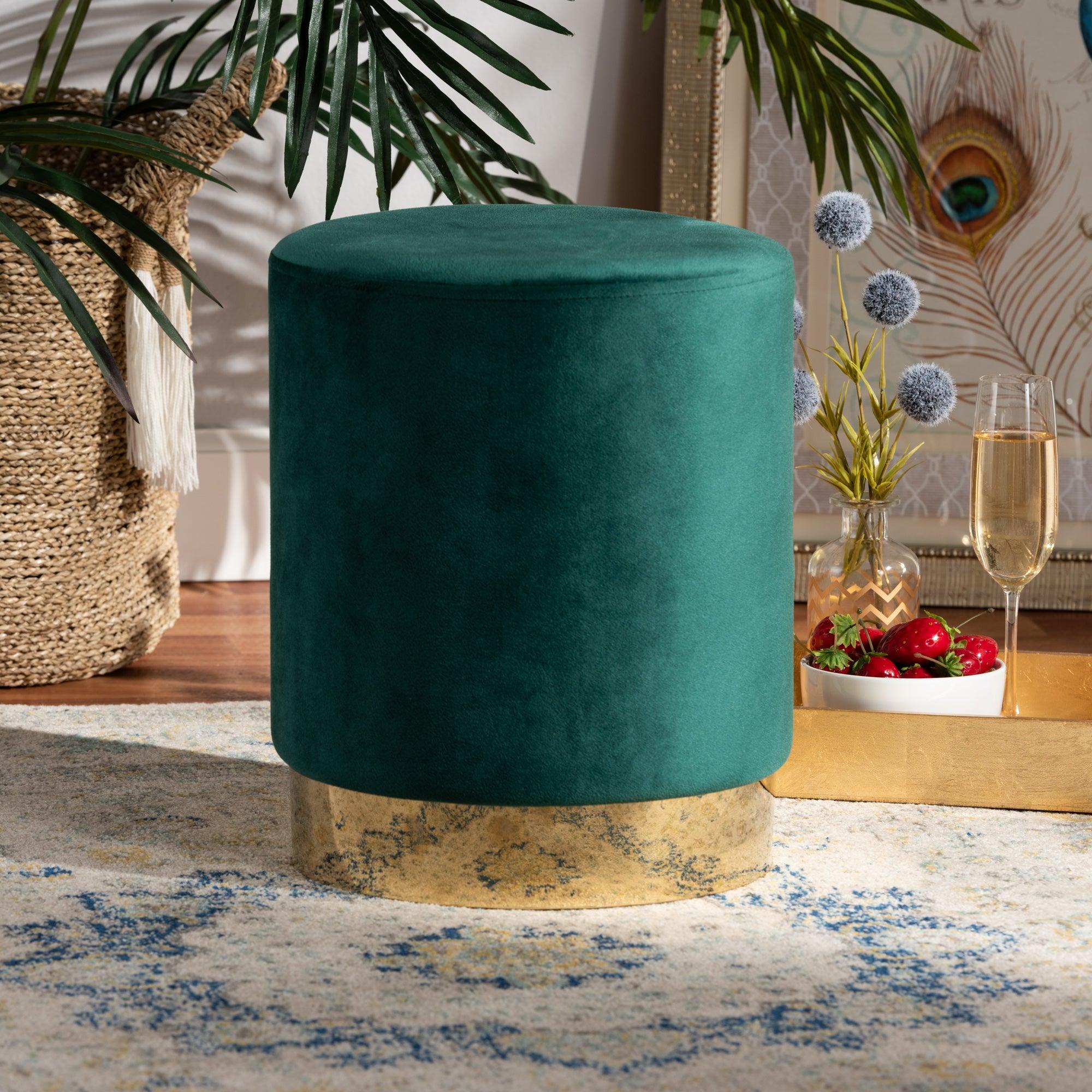 Chaela Contemporary Glam and Luxe Velvet Fabric Upholstered and Finished Metal Ottoman