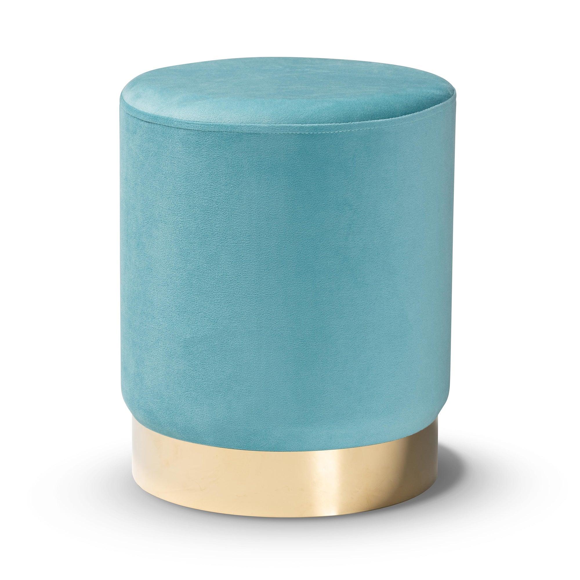 Chaela Contemporary Glam and Luxe Sky Velvet Fabric Upholstered and Finished Metal Ottoman