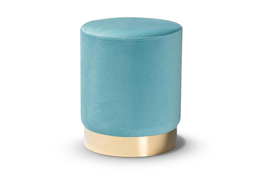 Chaela Contemporary Glam and Luxe Sky Velvet Fabric Upholstered and Finished Metal Ottoman