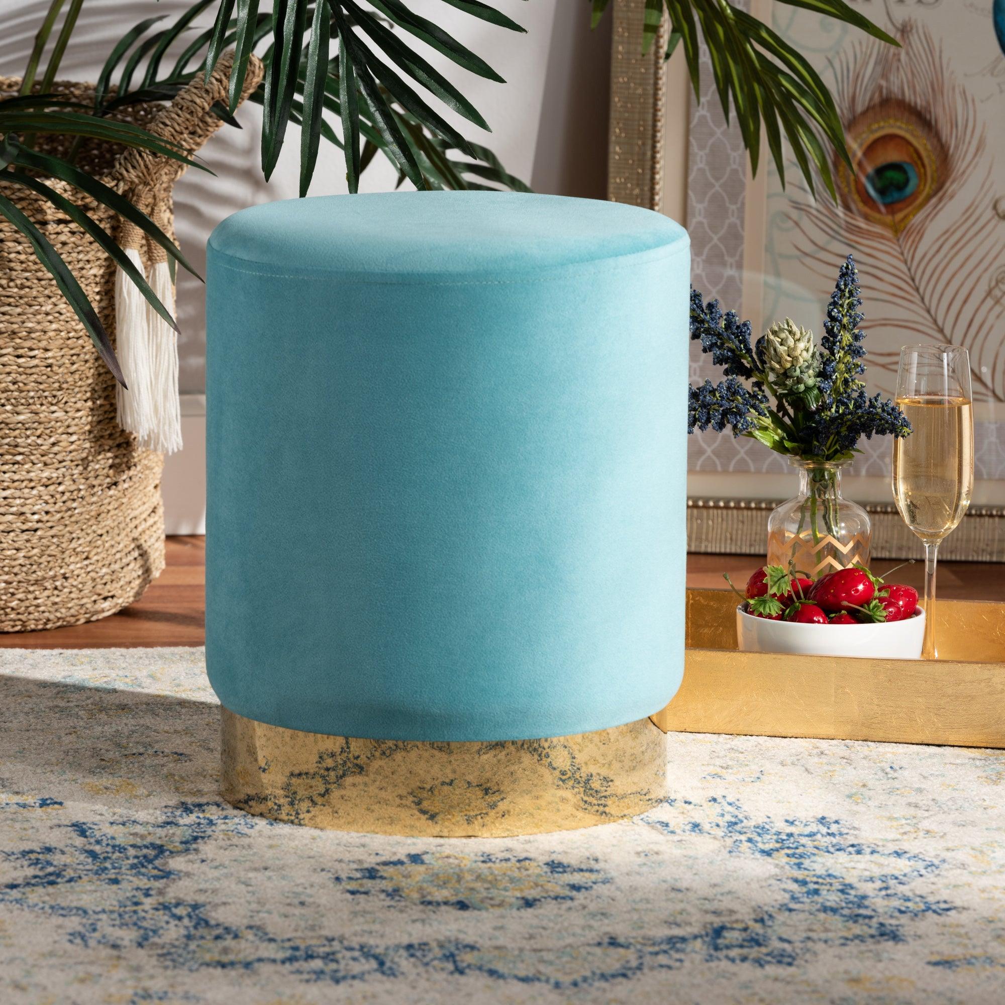 Chaela Contemporary Glam and Luxe Sky Velvet Fabric Upholstered and Finished Metal Ottoman