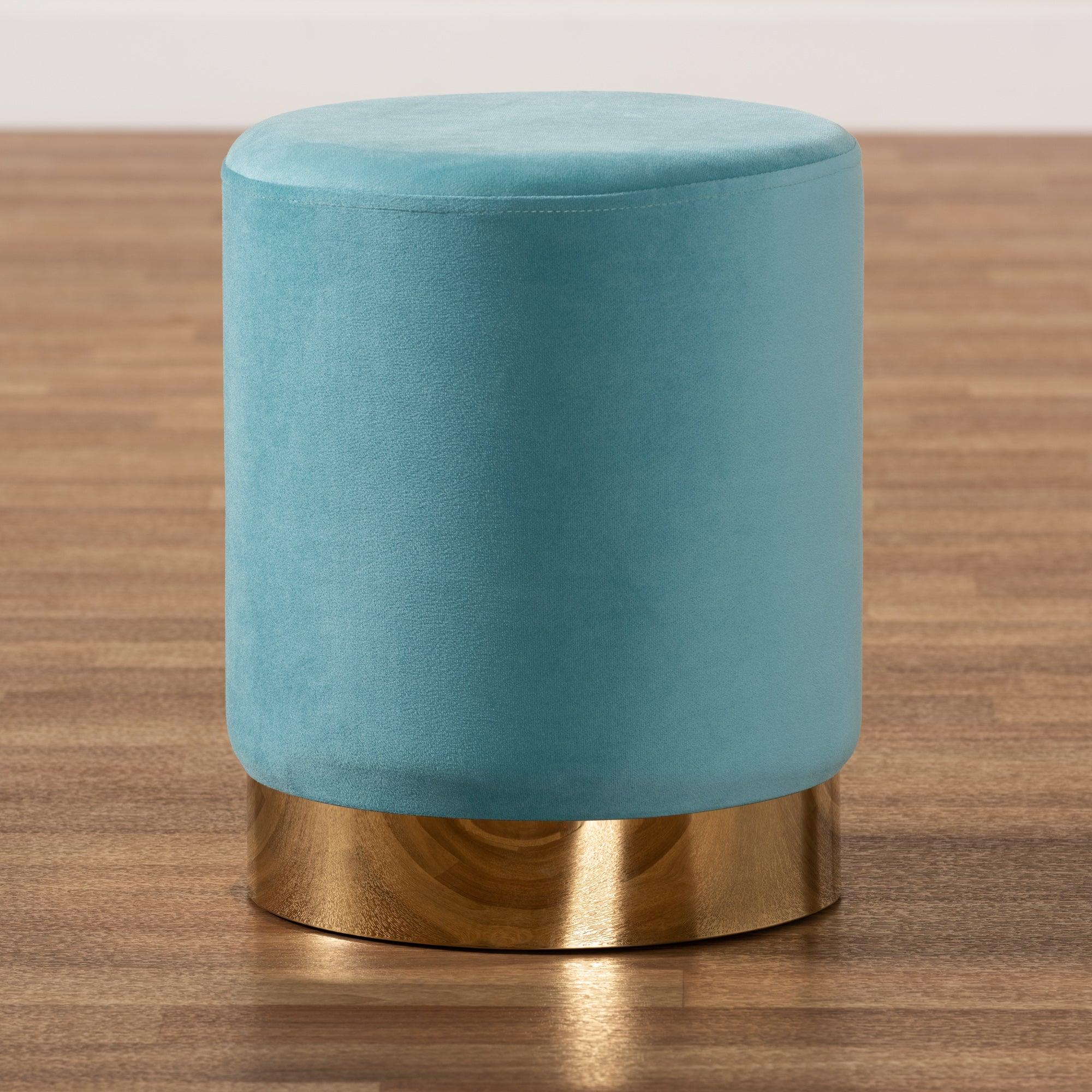 Chaela Contemporary Glam and Luxe Sky Velvet Fabric Upholstered and Finished Metal Ottoman