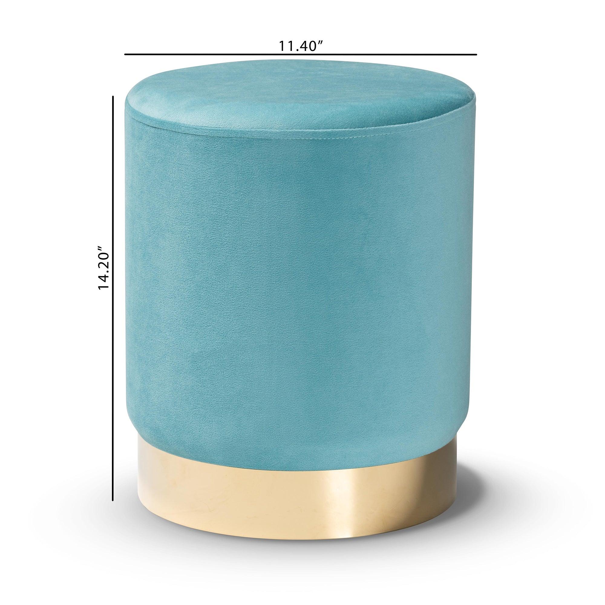 Chaela Contemporary Glam and Luxe Sky Velvet Fabric Upholstered and Finished Metal Ottoman